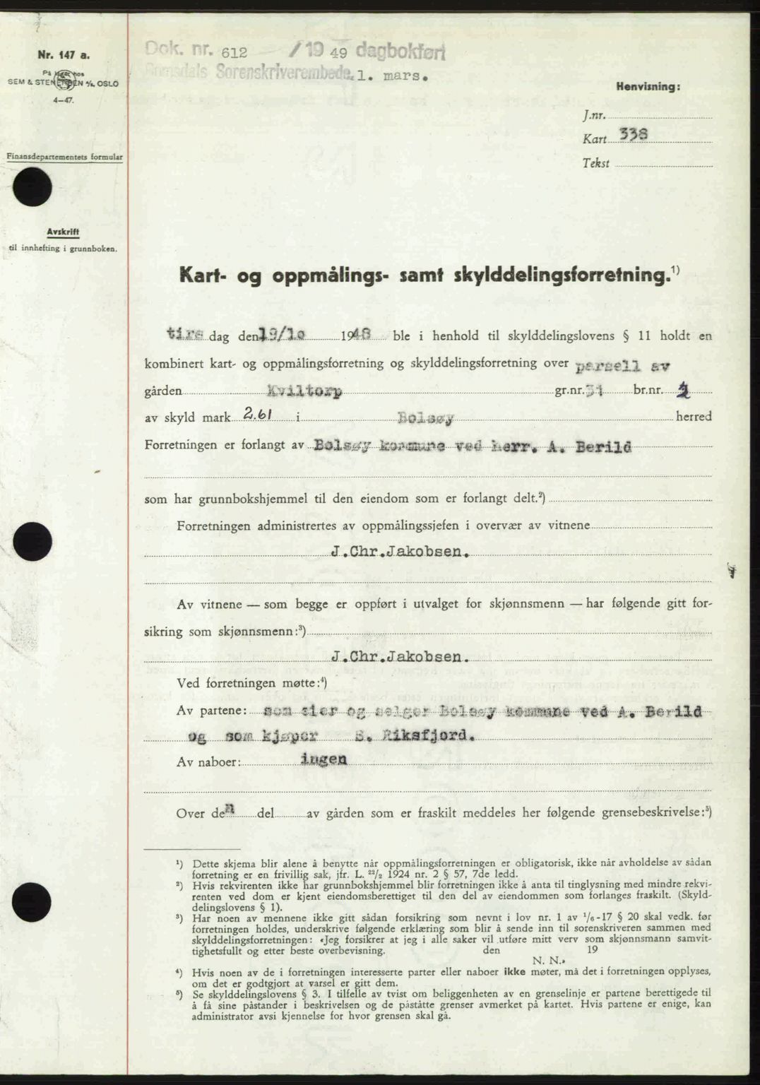 Romsdal sorenskriveri, AV/SAT-A-4149/1/2/2C: Mortgage book no. A29, 1949-1949, Diary no: : 612/1949