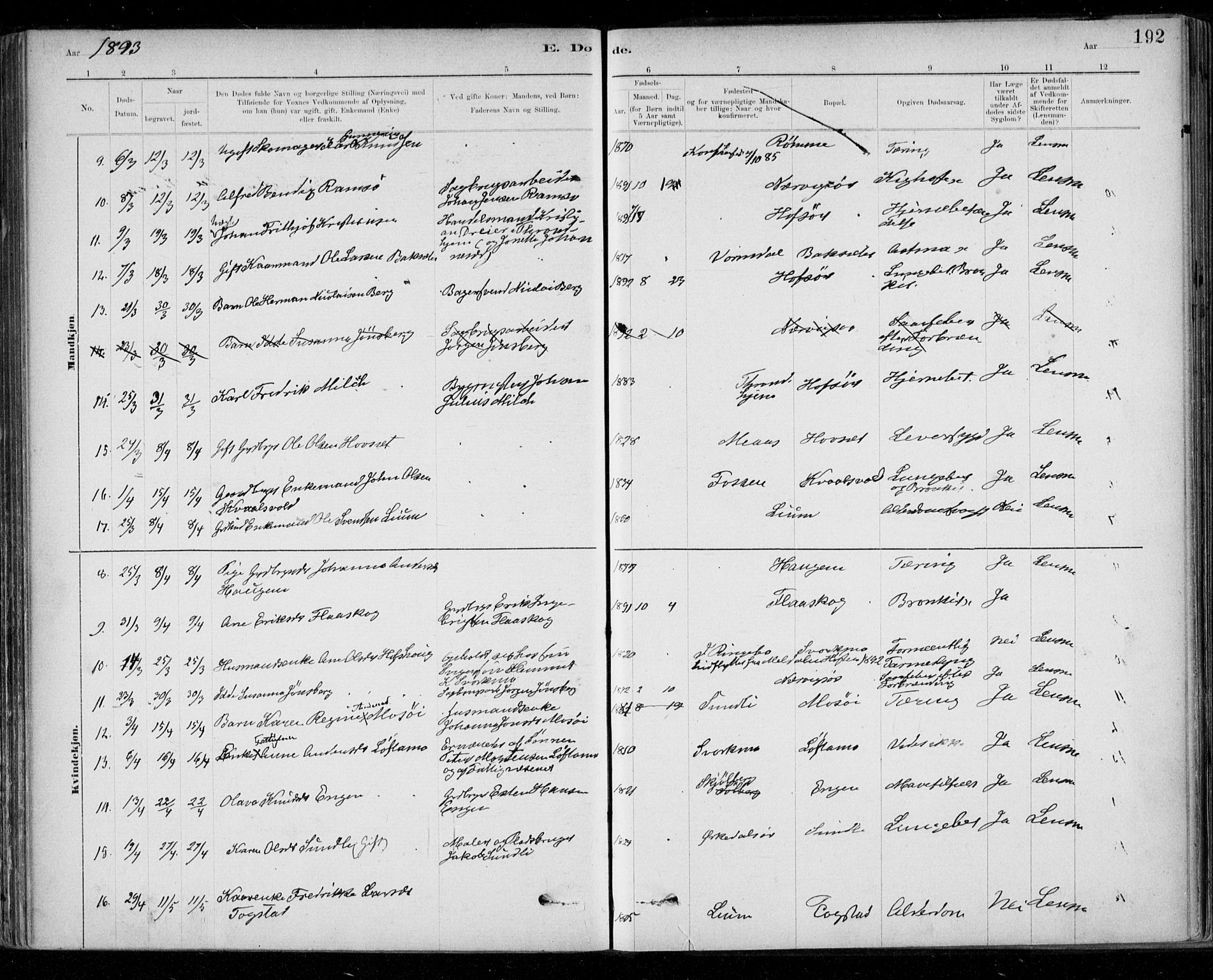 Ministerialprotokoller, klokkerbøker og fødselsregistre - Sør-Trøndelag, SAT/A-1456/668/L0810: Parish register (official) no. 668A10, 1881-1894, p. 192