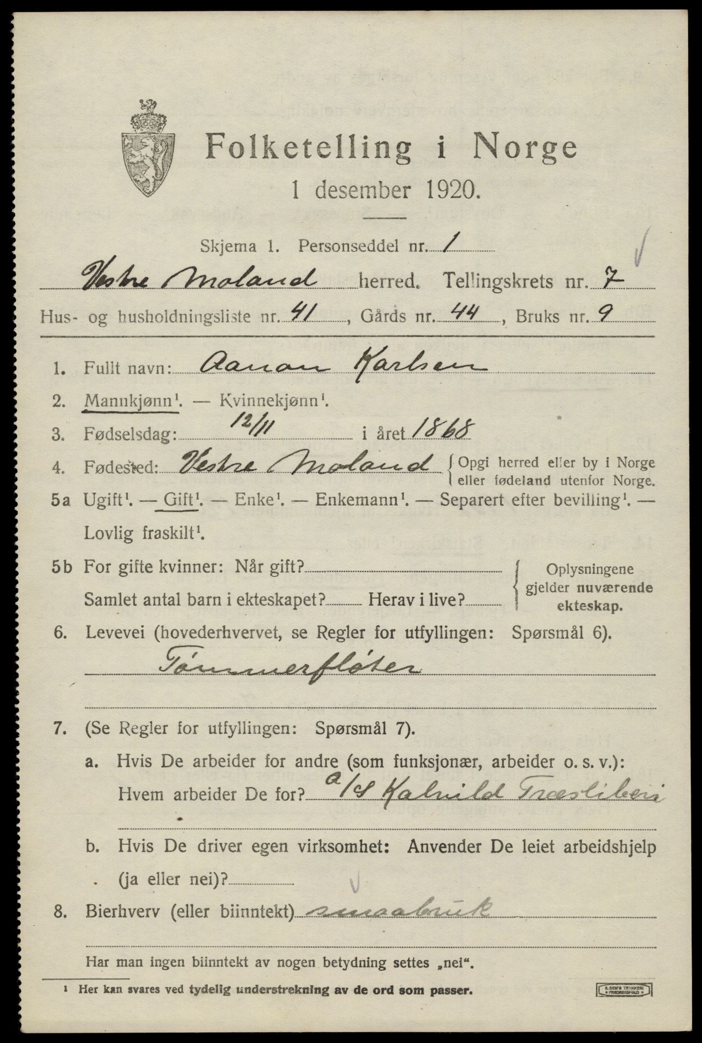 SAK, 1920 census for Vestre Moland, 1920, p. 5213