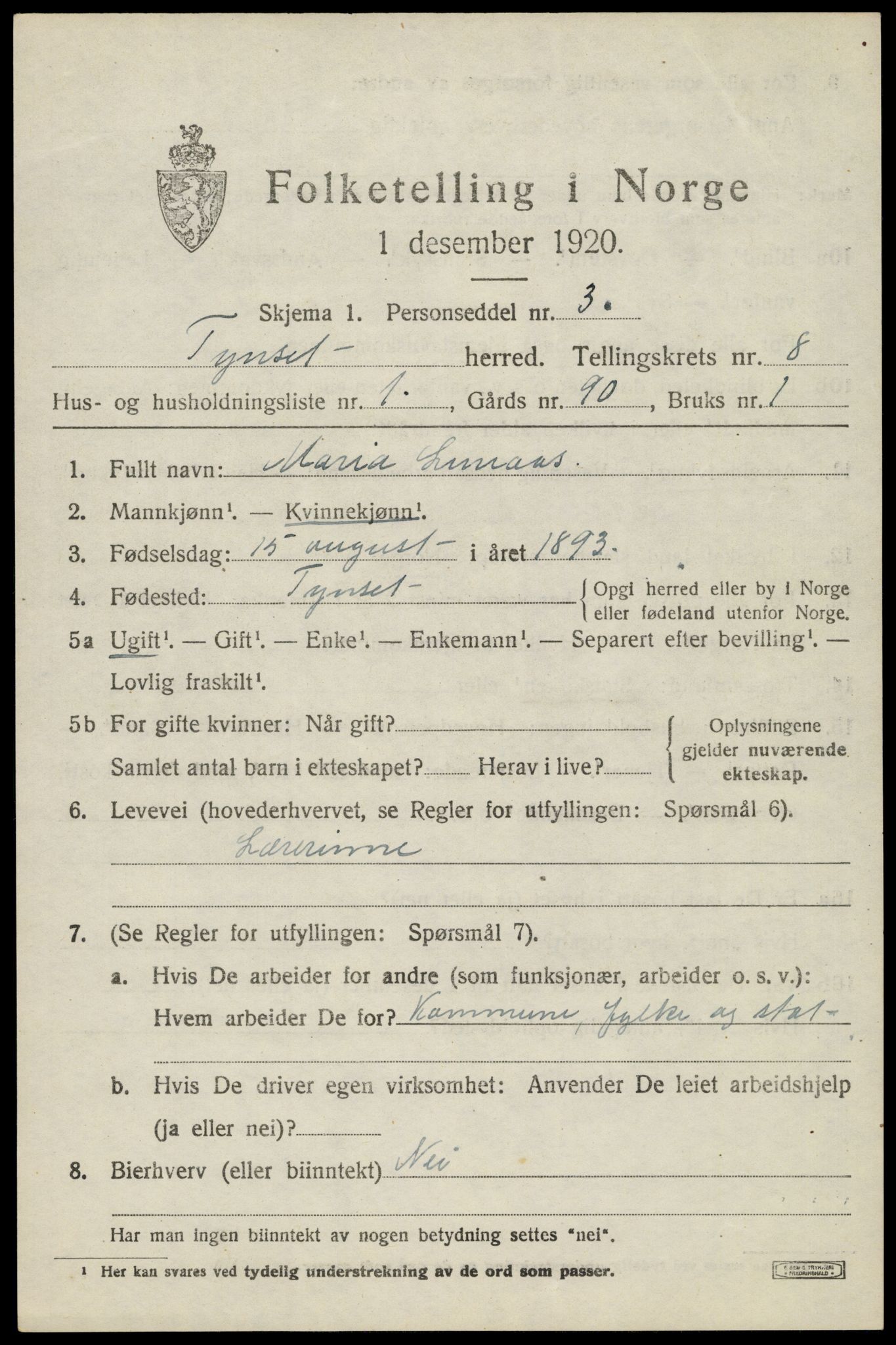 SAH, 1920 census for Tynset, 1920, p. 6548