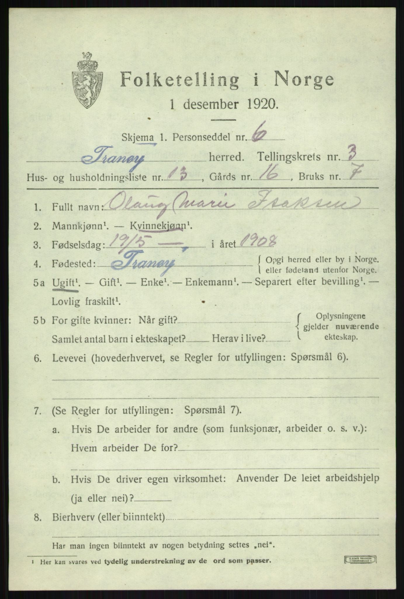 SATØ, 1920 census for Tranøy, 1920, p. 1745