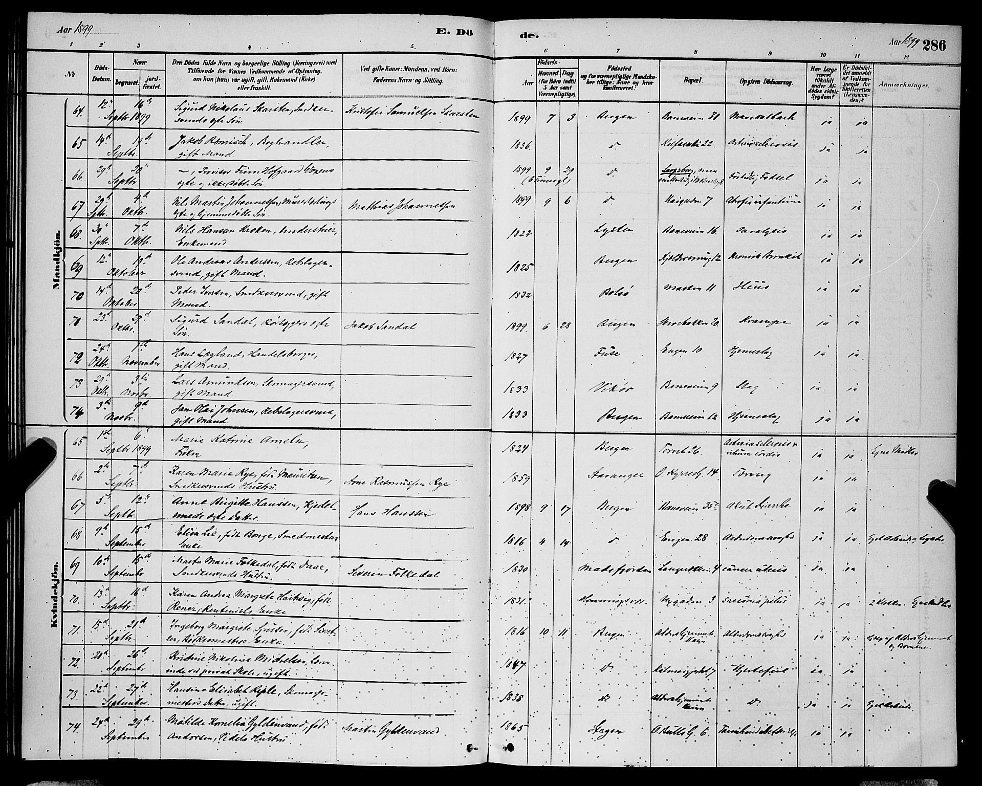 Domkirken sokneprestembete, AV/SAB-A-74801/H/Hab/L0041: Parish register (copy) no. E 5, 1878-1900, p. 286