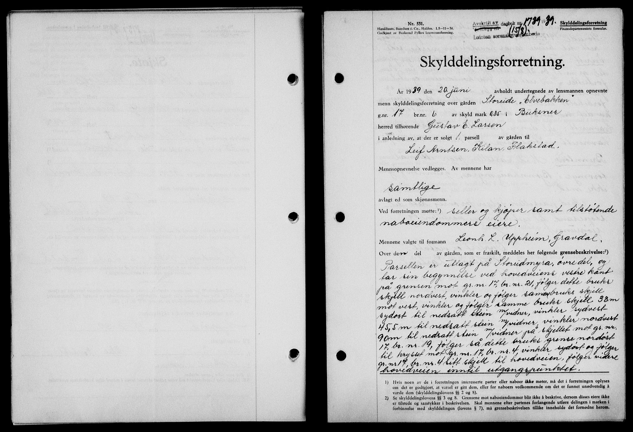Lofoten sorenskriveri, SAT/A-0017/1/2/2C/L0006a: Mortgage book no. 6a, 1939-1939, Diary no: : 1739/1939