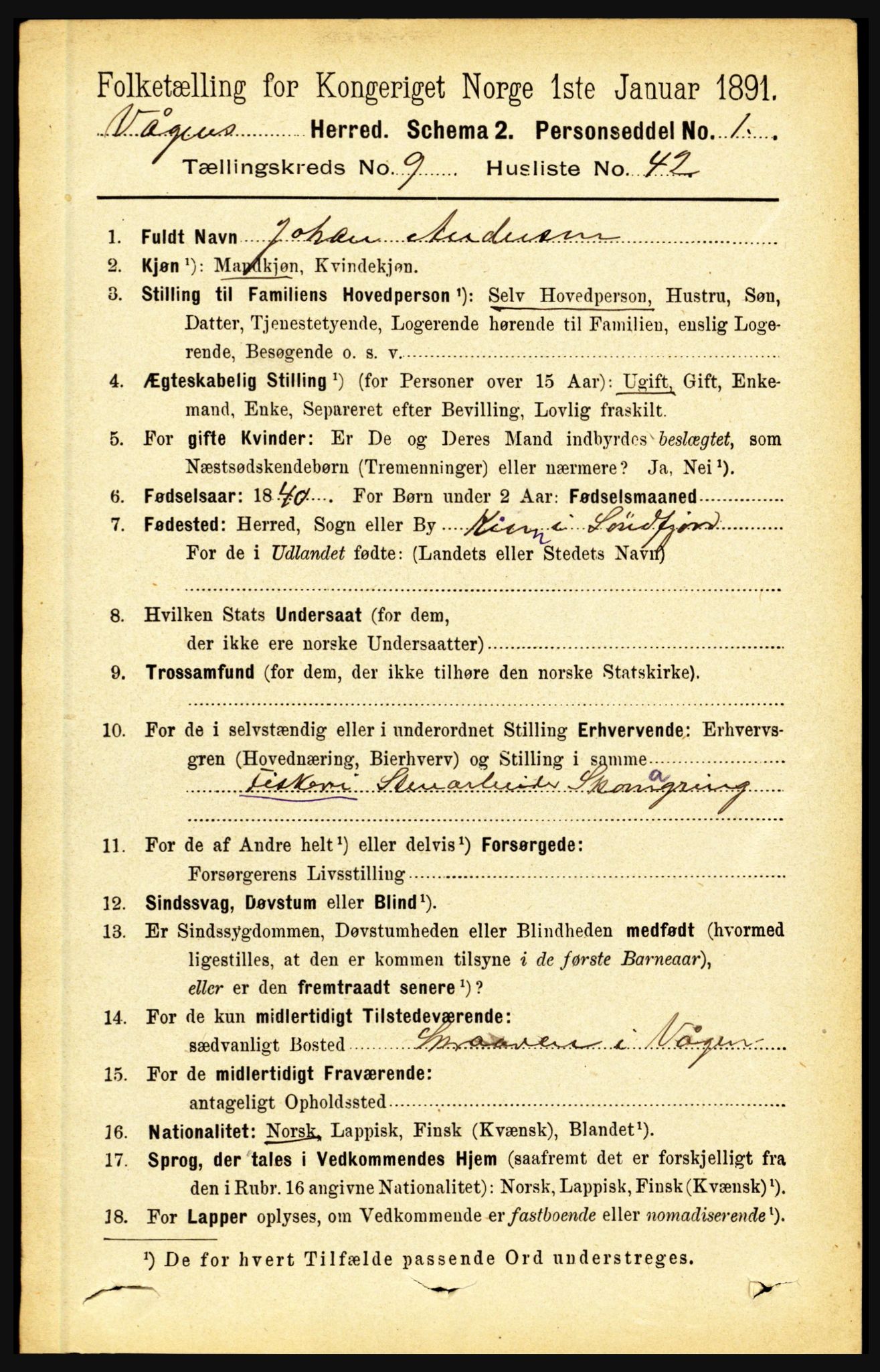 RA, 1891 census for 1865 Vågan, 1891, p. 2518