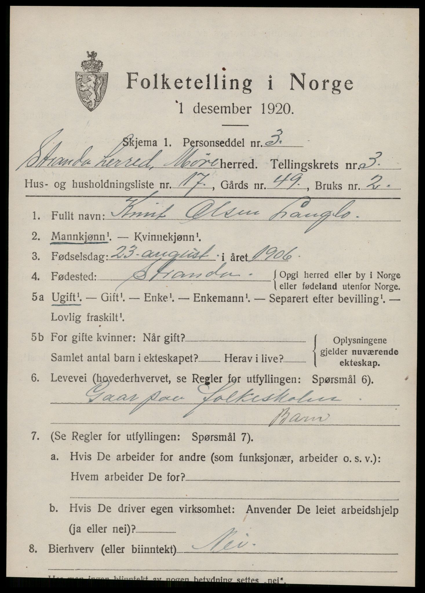 SAT, 1920 census for Stranda, 1920, p. 1783