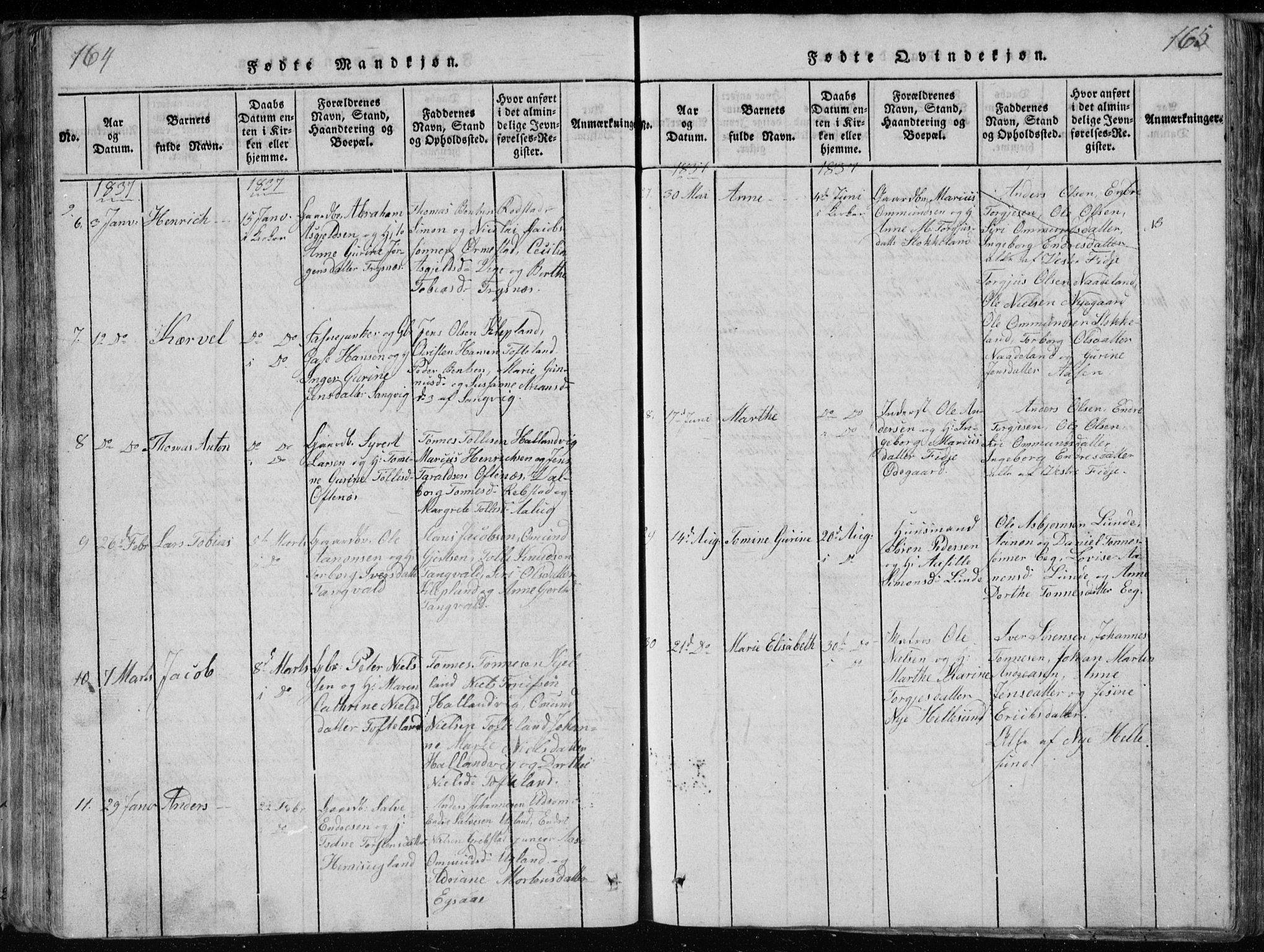 Søgne sokneprestkontor, SAK/1111-0037/F/Fb/Fbb/L0002: Parish register (copy) no. B 2, 1821-1838, p. 164-165