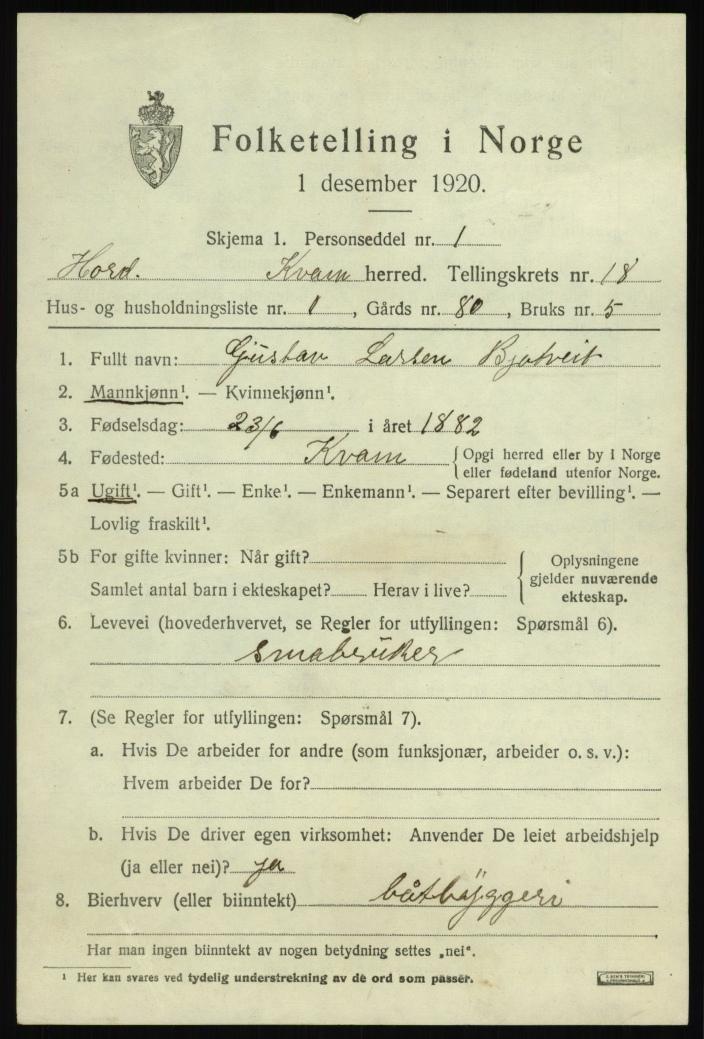 SAB, 1920 census for Kvam, 1920, p. 9865