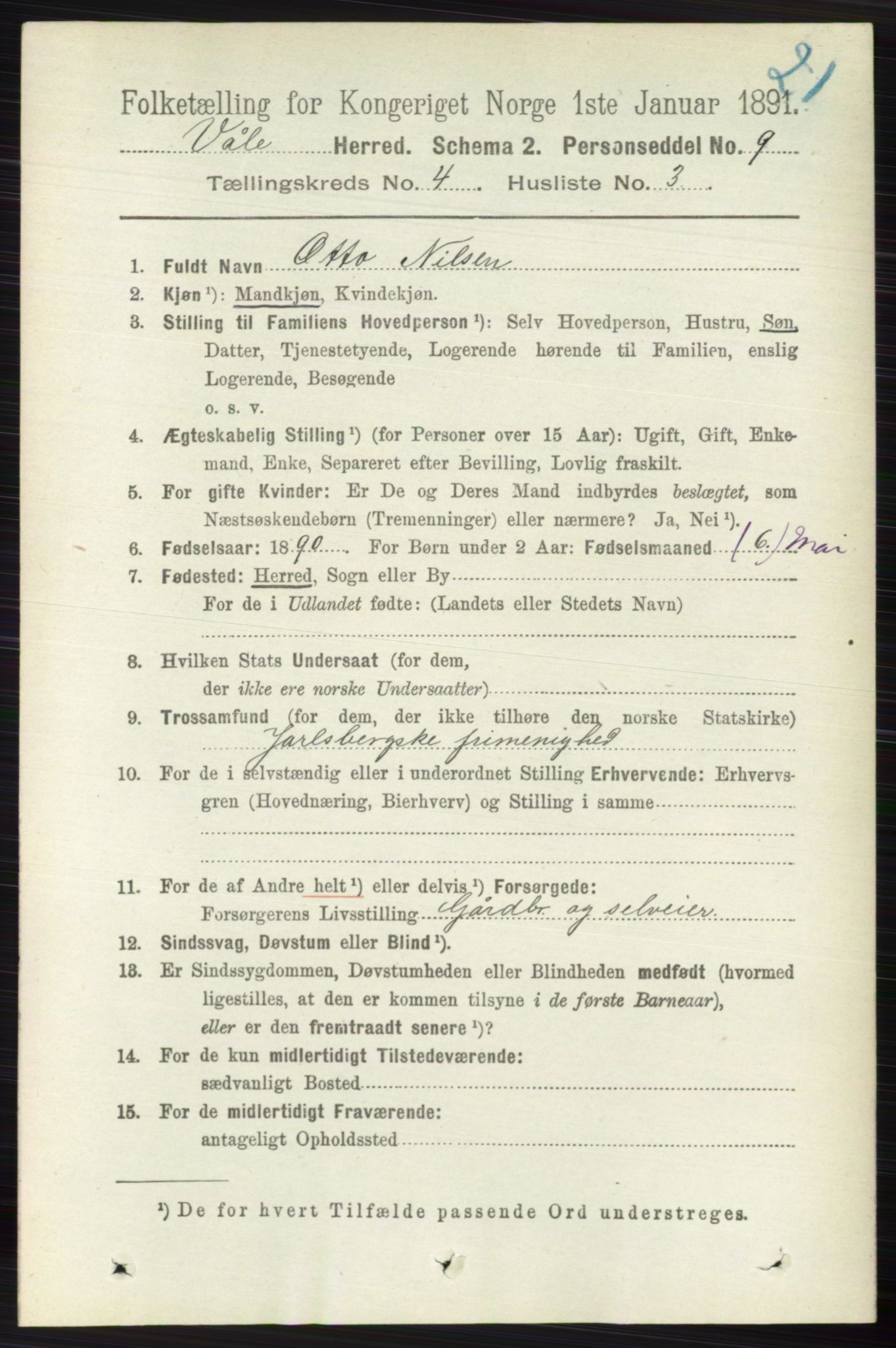 RA, 1891 census for 0716 Våle, 1891, p. 1006