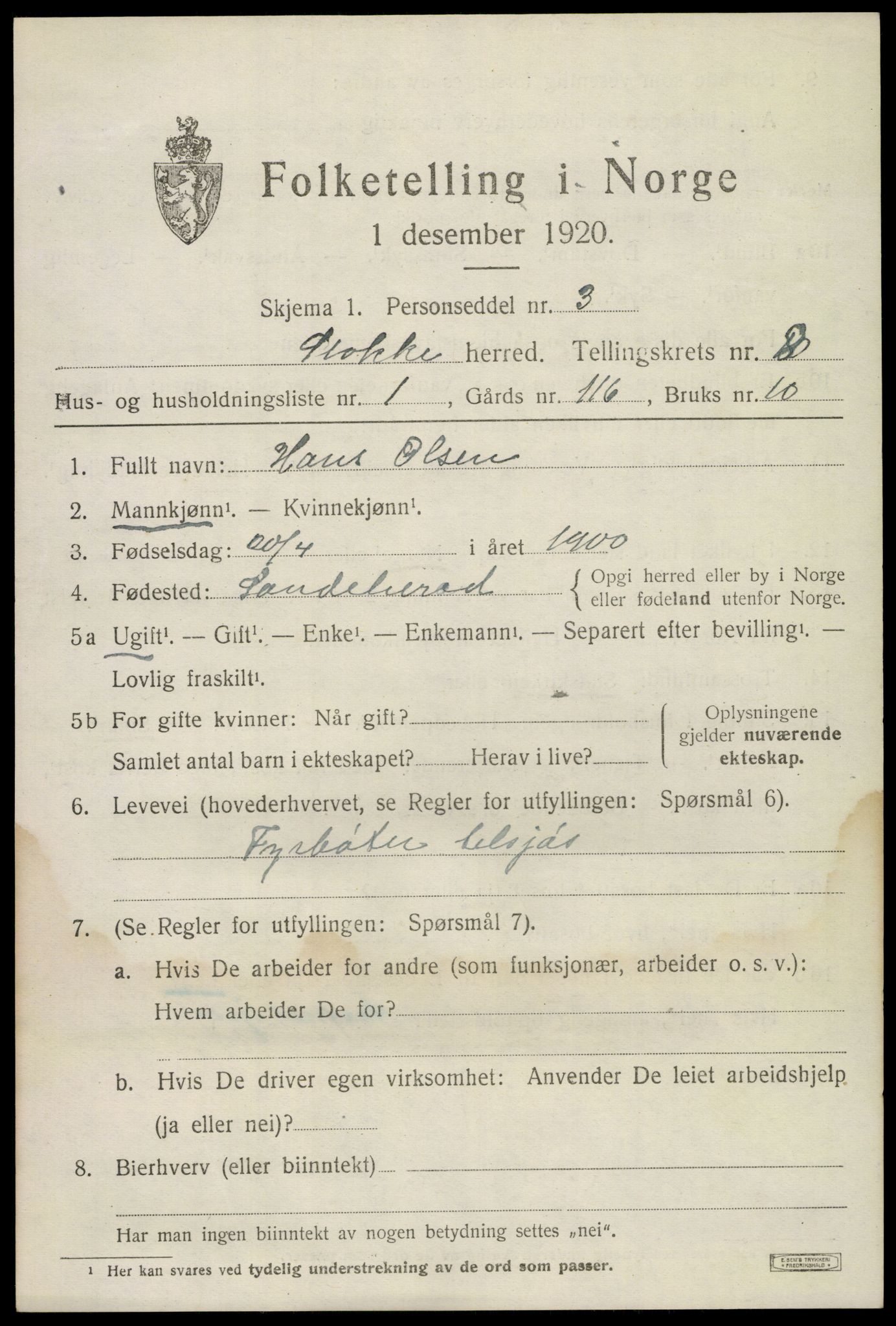 SAKO, 1920 census for Stokke, 1920, p. 9296