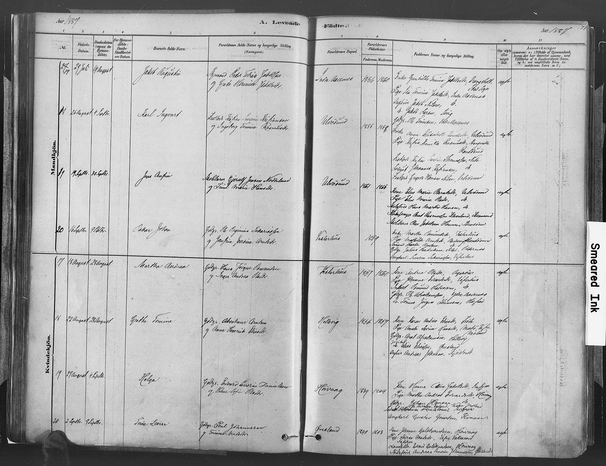 Høvåg sokneprestkontor, AV/SAK-1111-0025/F/Fa/L0005: Parish register (official) no. A 5, 1878-1893, p. 71