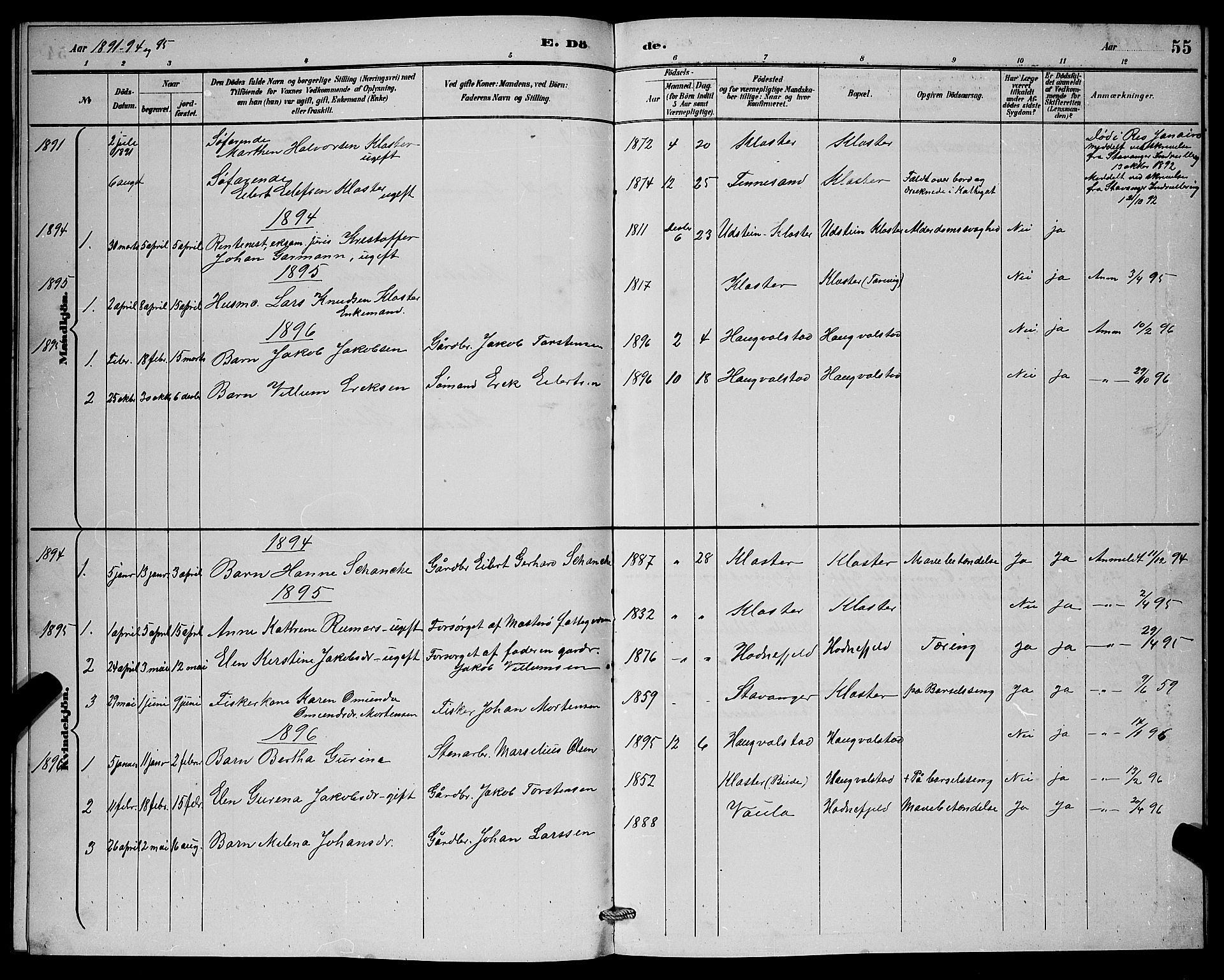 Rennesøy sokneprestkontor, SAST/A -101827/H/Ha/Hab/L0008: Parish register (copy) no. B 8, 1889-1899, p. 55