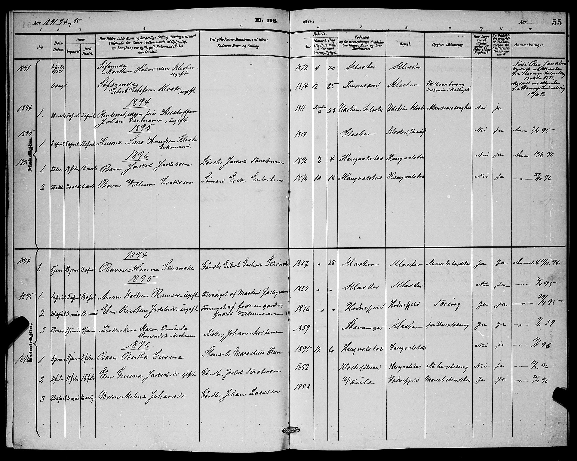 Rennesøy sokneprestkontor, AV/SAST-A -101827/H/Ha/Hab/L0008: Parish register (copy) no. B 8, 1889-1899, p. 55