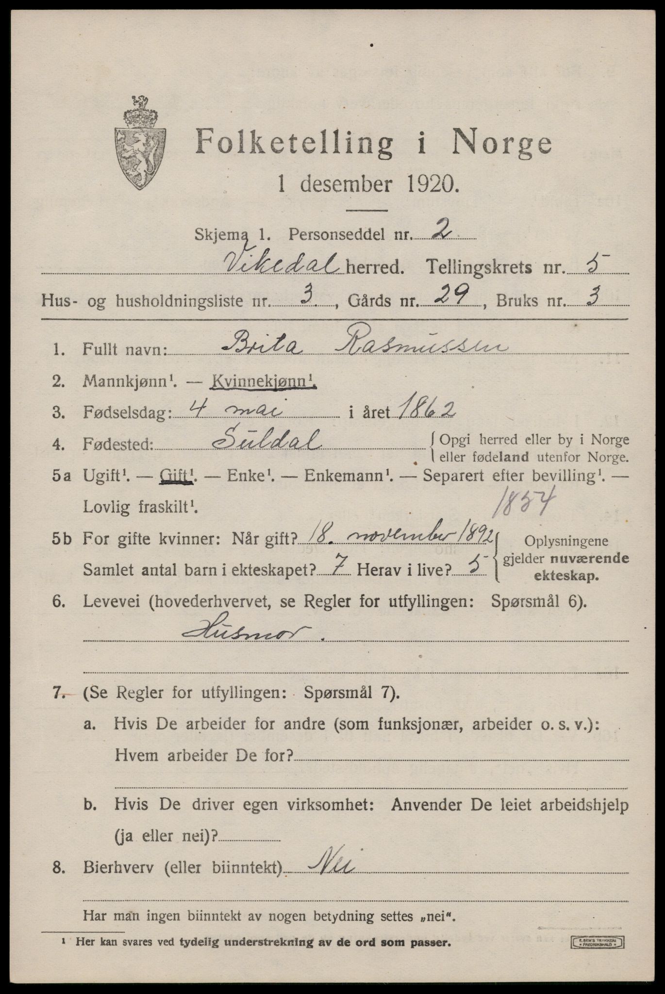 SAST, 1920 census for Vikedal, 1920, p. 2349