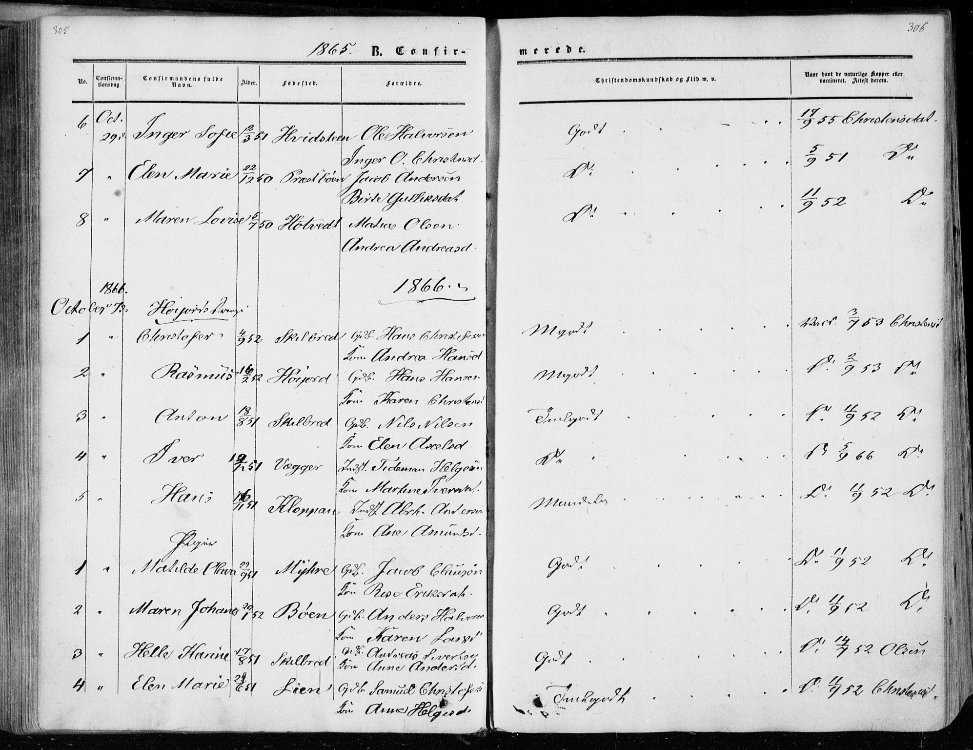 Andebu kirkebøker, AV/SAKO-A-336/F/Fa/L0005: Parish register (official) no. 5, 1857-1870, p. 305-306