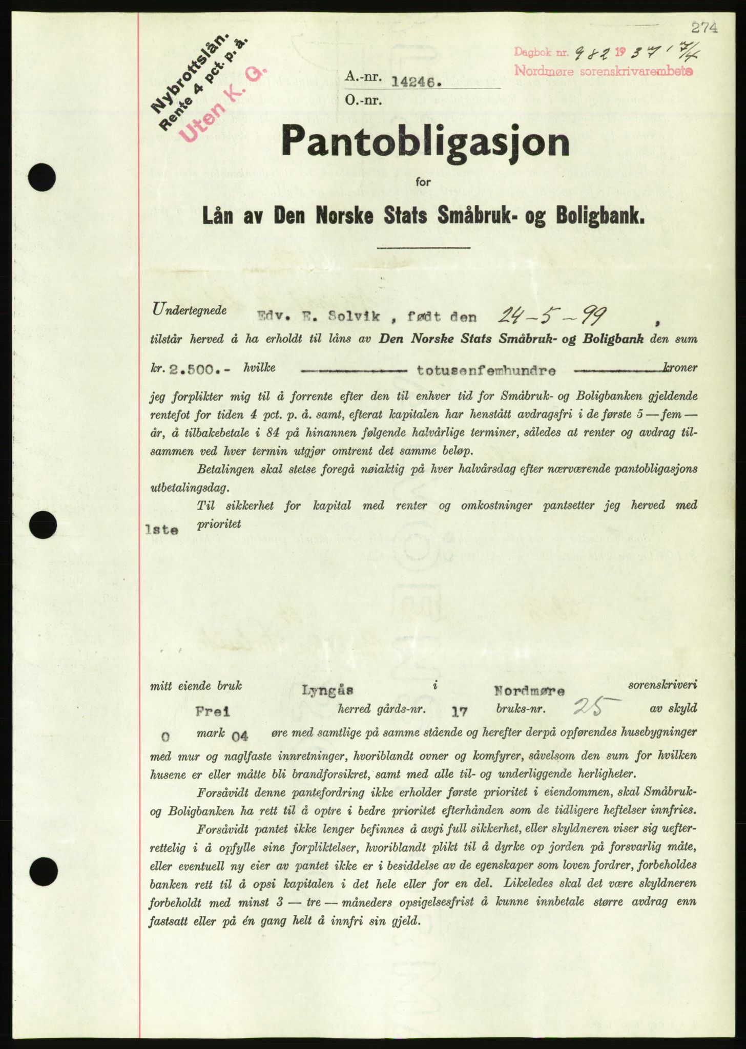 Nordmøre sorenskriveri, AV/SAT-A-4132/1/2/2Ca/L0091: Mortgage book no. B81, 1937-1937, Diary no: : 982/1937