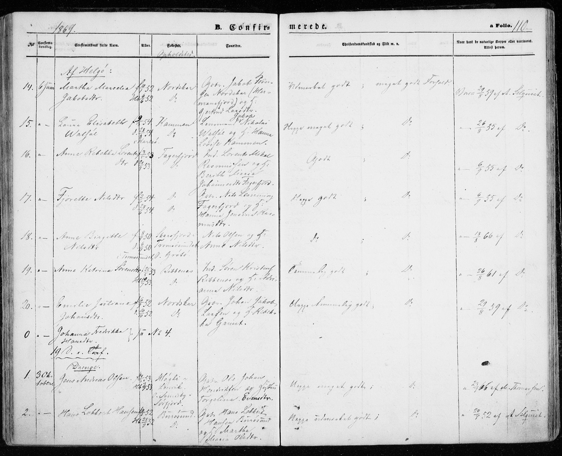 Karlsøy sokneprestembete, AV/SATØ-S-1299/H/Ha/Haa/L0004kirke: Parish register (official) no. 4, 1861-1871, p. 110