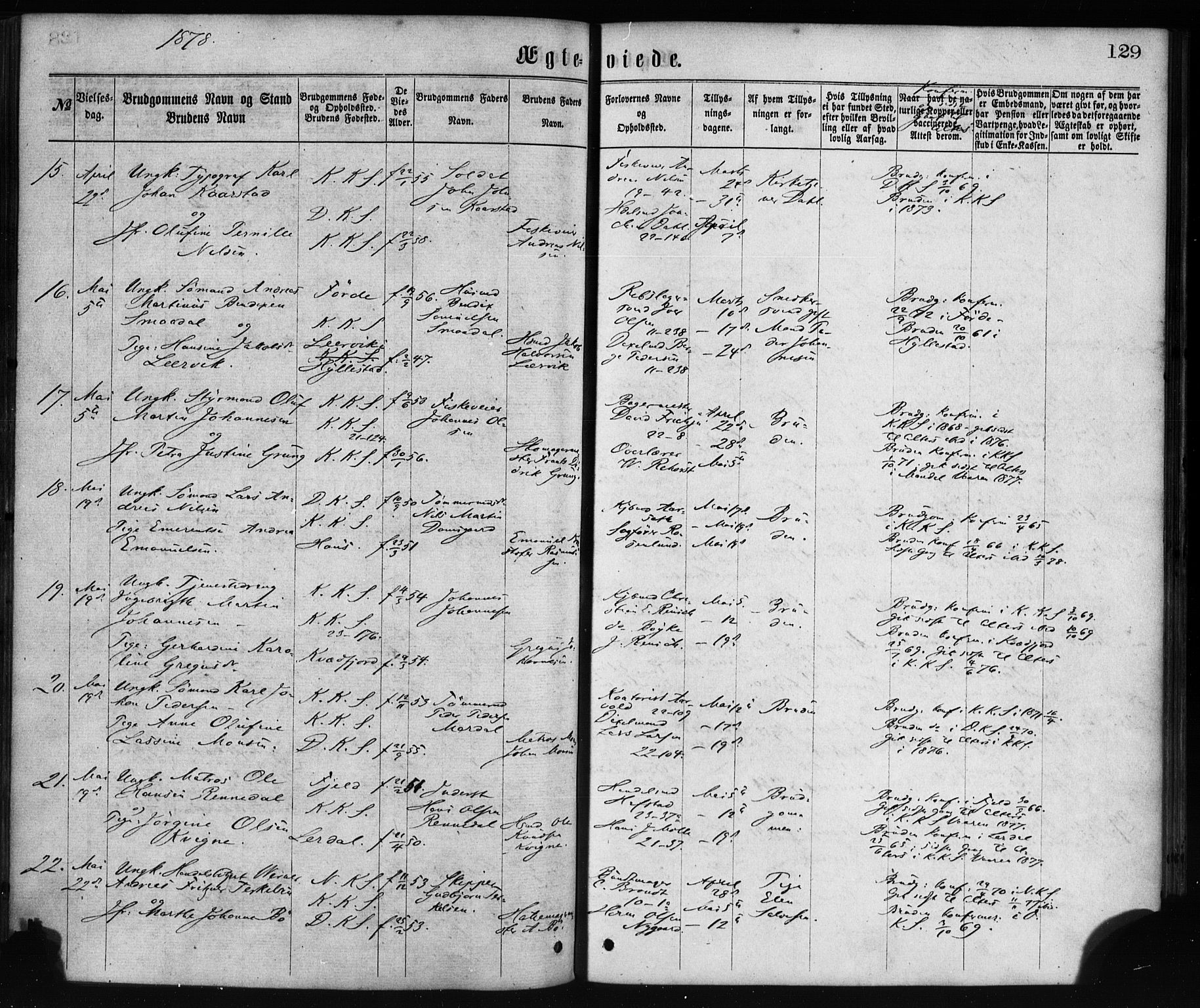 Korskirken sokneprestembete, AV/SAB-A-76101/H/Haa/L0036: Parish register (official) no. D 3, 1867-1882, p. 129