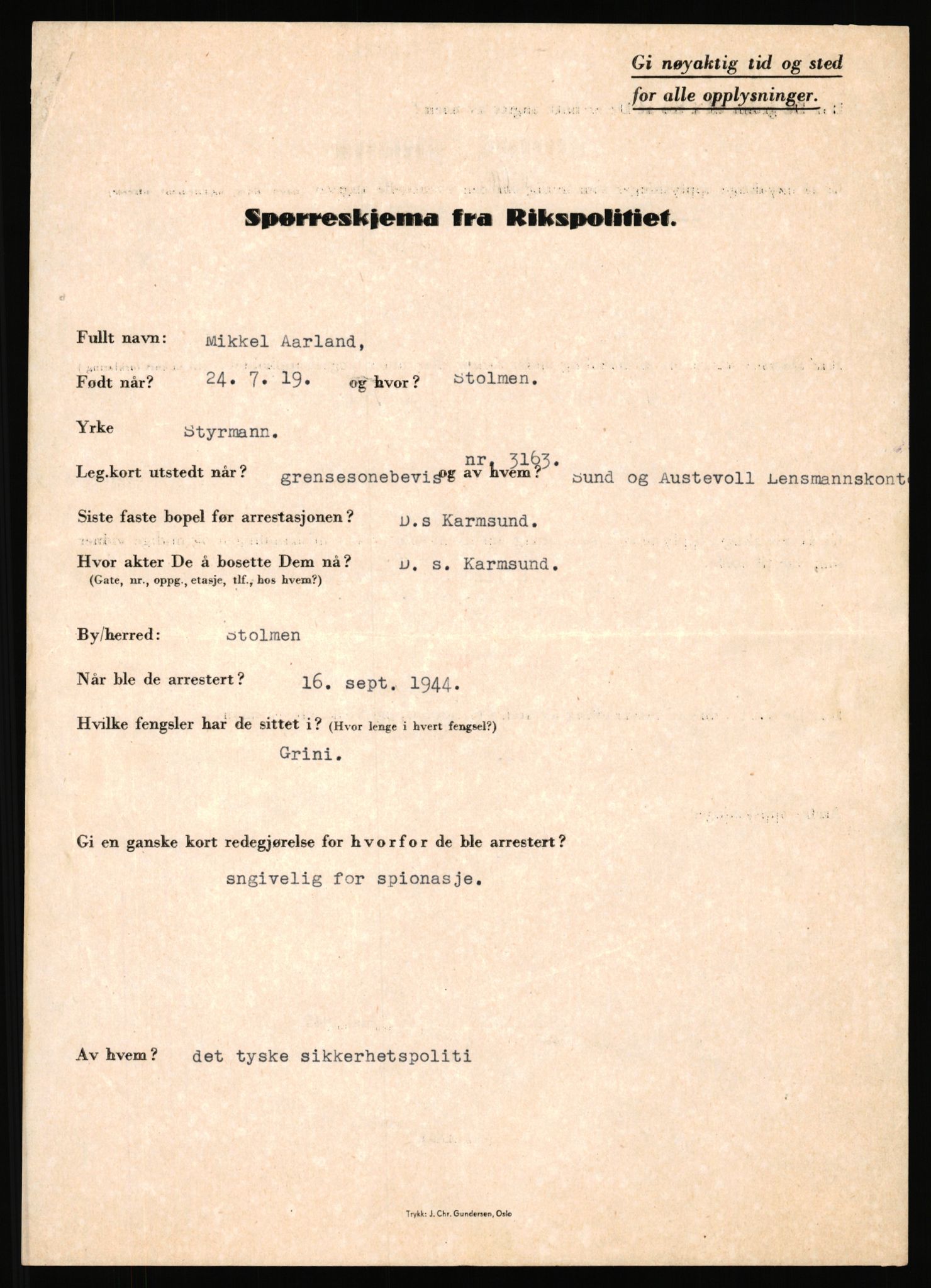 Rikspolitisjefen, AV/RA-S-1560/L/L0018: Wiborg, Bjarne Sigurd - Aavern, Reidar, 1940-1945, p. 846