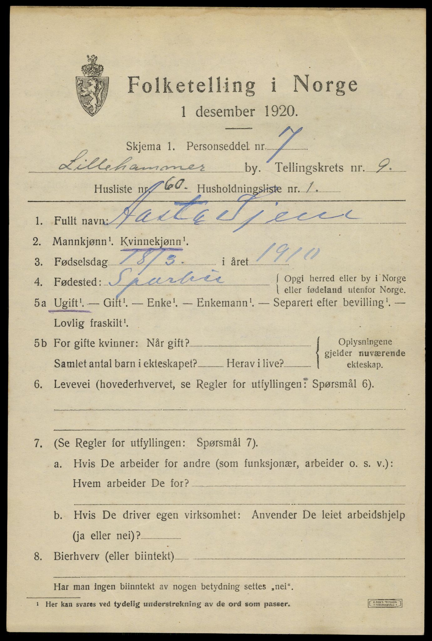 SAH, 1920 census for Lillehammer, 1920, p. 12514