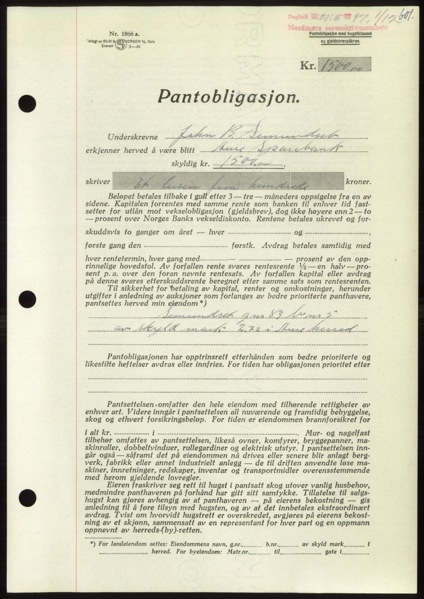 Nordmøre sorenskriveri, AV/SAT-A-4132/1/2/2Ca: Mortgage book no. B97, 1947-1948, Diary no: : 2856/1947