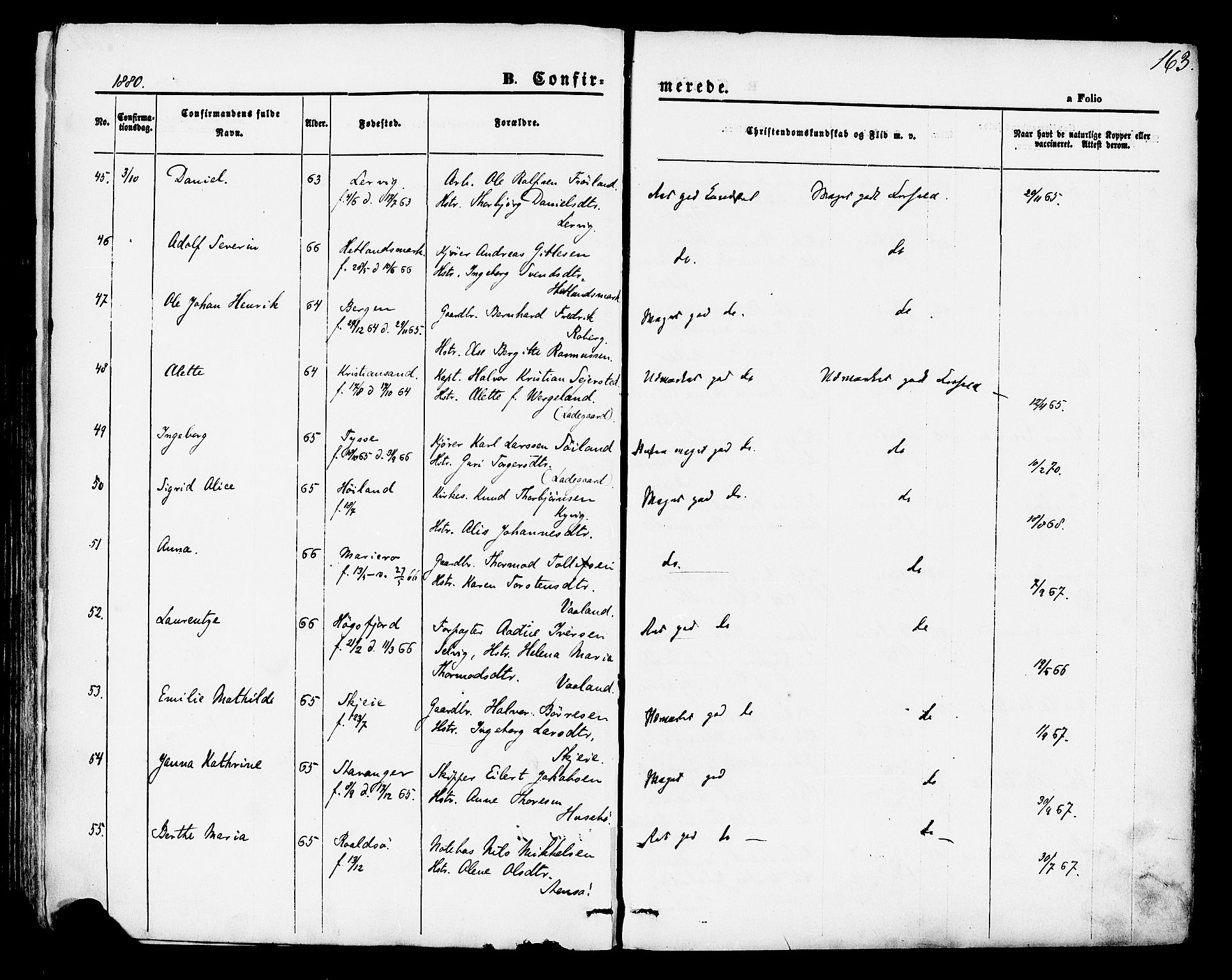 Hetland sokneprestkontor, AV/SAST-A-101826/30/30BA/L0004: Parish register (official) no. A 4, 1862-1881, p. 163