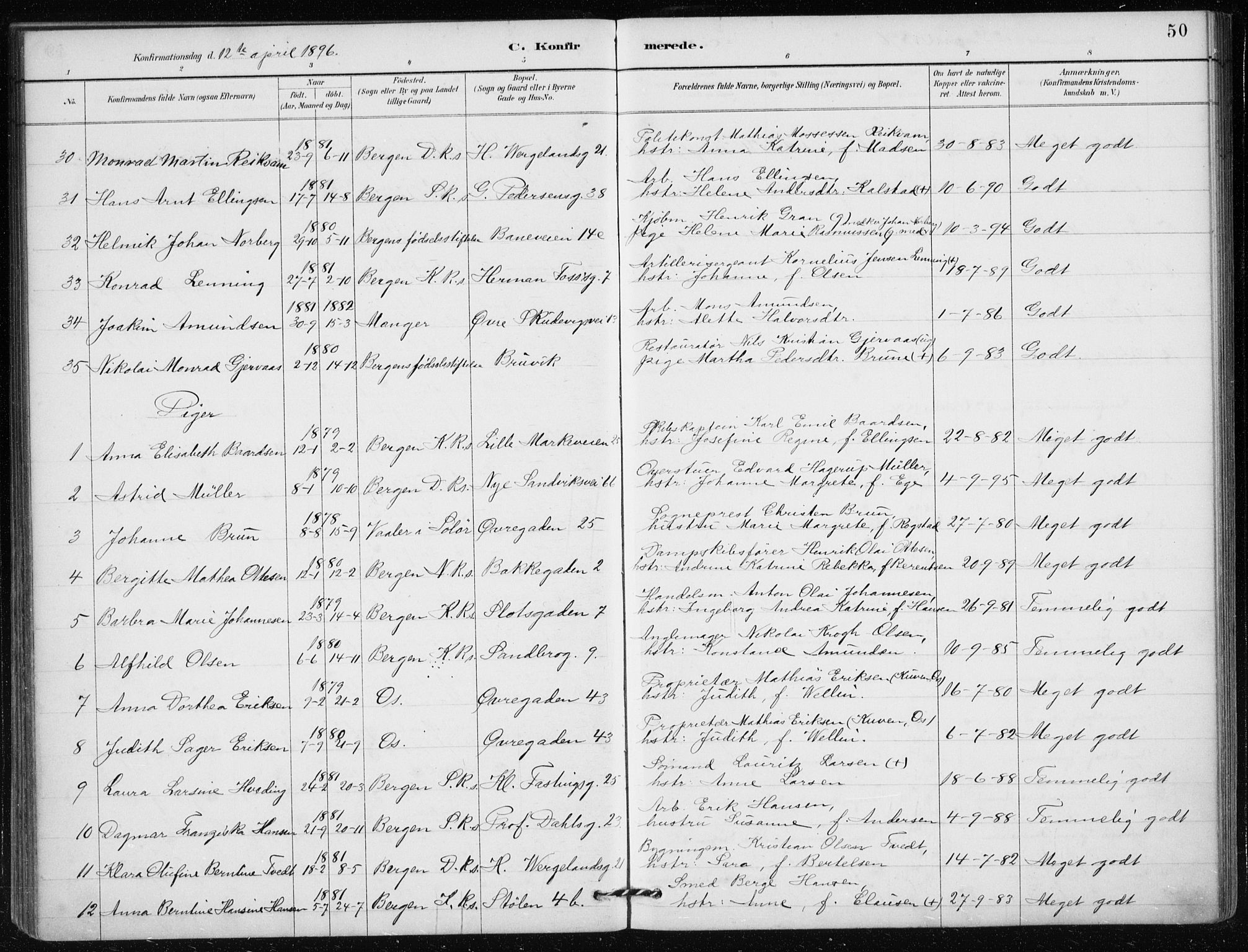 Mariakirken Sokneprestembete, AV/SAB-A-76901/H/Haa/L0013: Parish register (official) no. C 1, 1889-1900, p. 50
