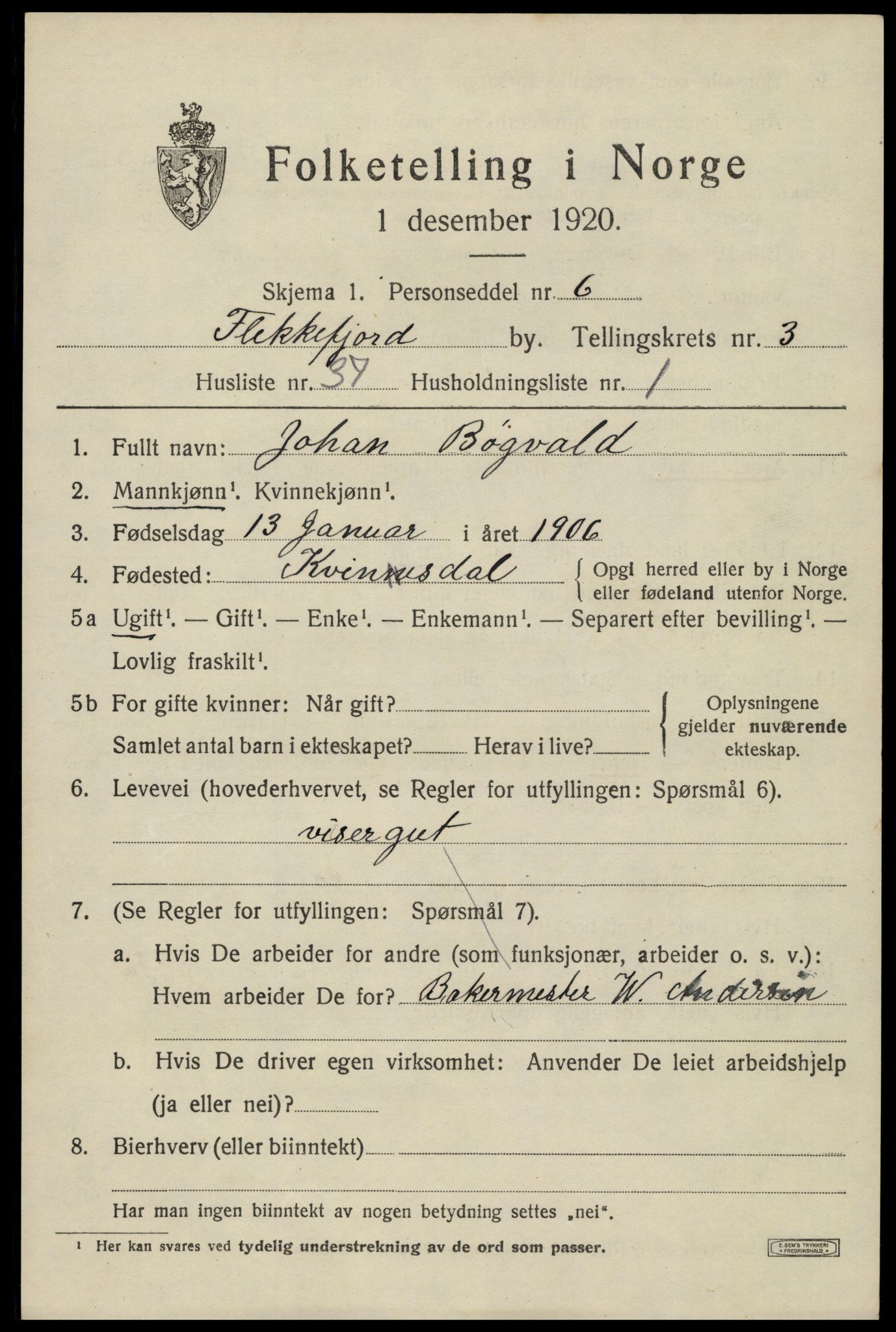 SAK, 1920 census for Flekkefjord, 1920, p. 3844