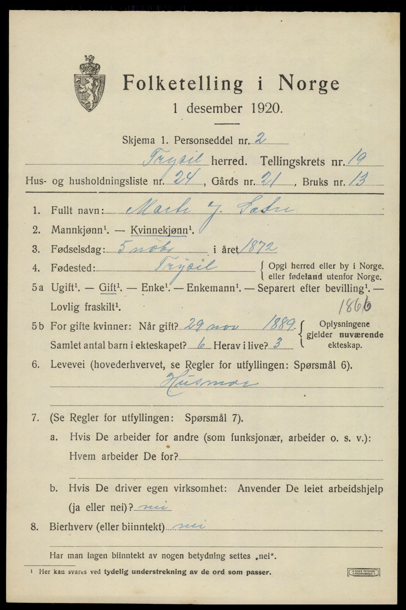 SAH, 1920 census for Trysil, 1920, p. 13003