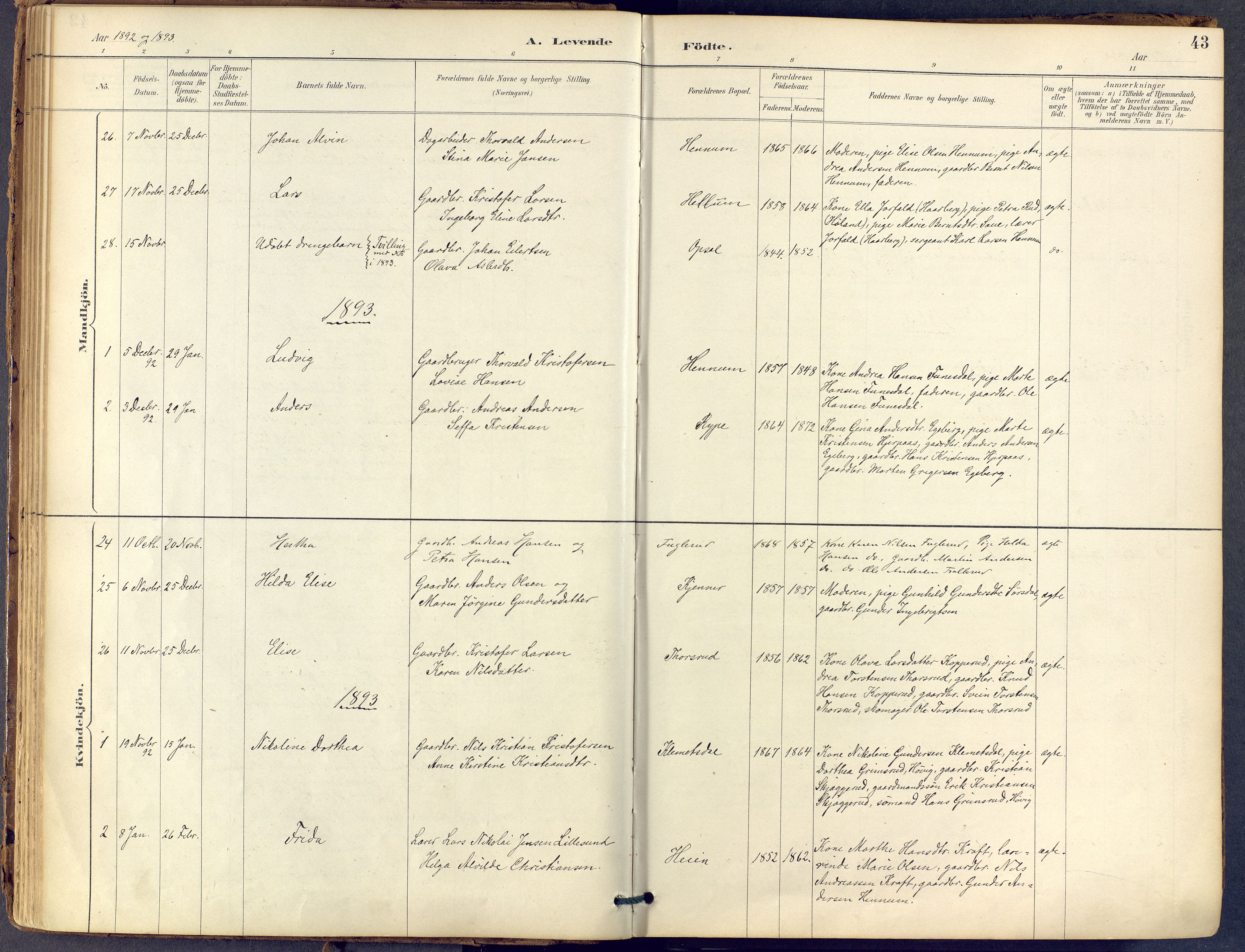 Lier kirkebøker, SAKO/A-230/F/Fb/L0001: Parish register (official) no. II 1, 1883-1910, p. 43
