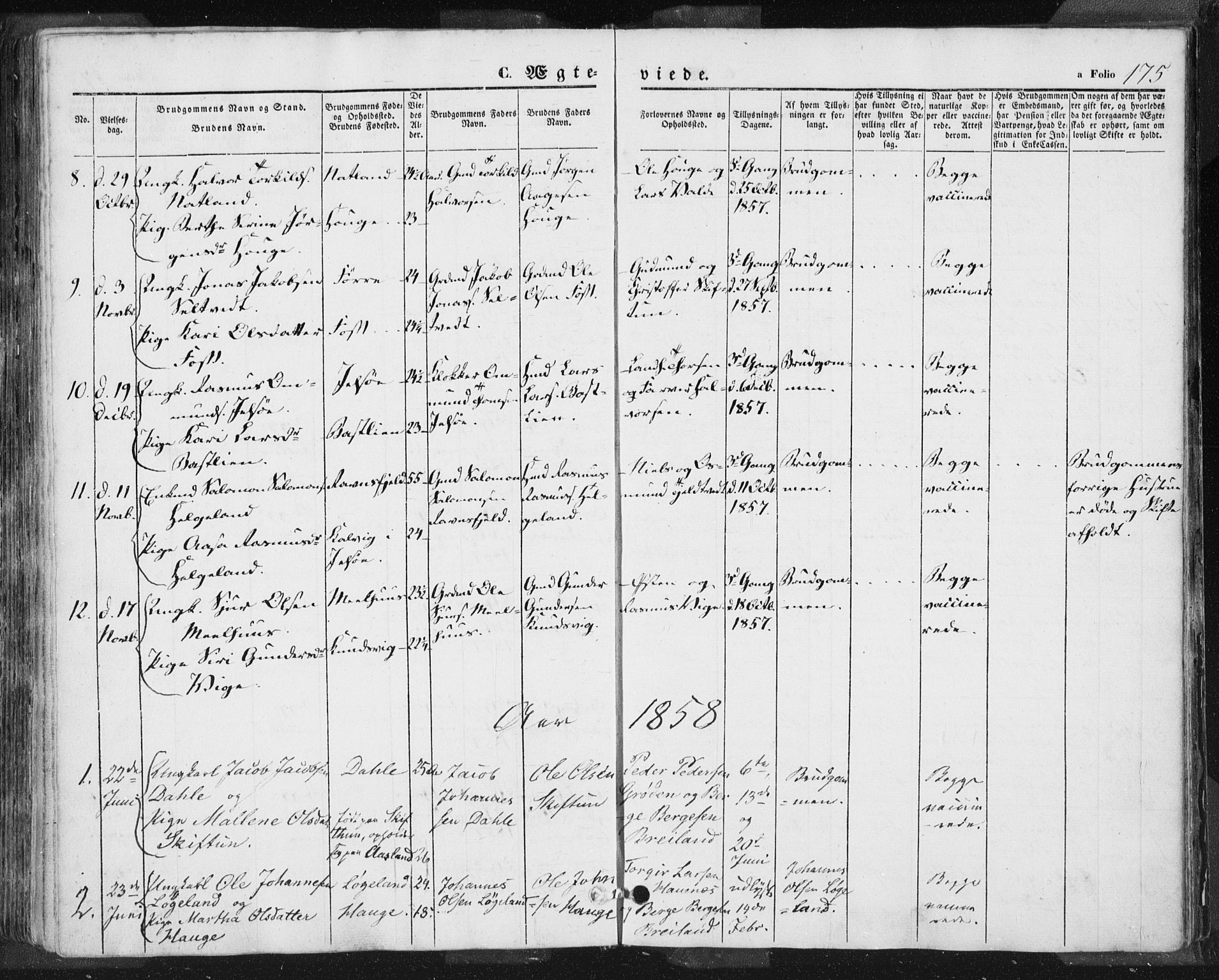 Hjelmeland sokneprestkontor, AV/SAST-A-101843/01/IV/L0009: Parish register (official) no. A 9, 1846-1860, p. 175