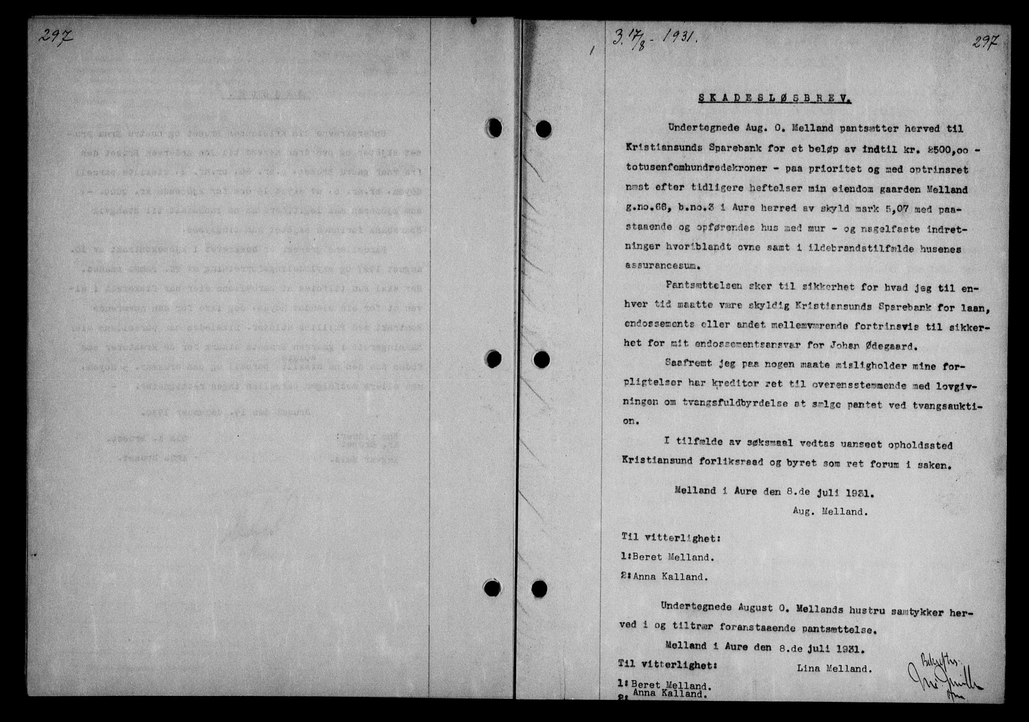 Nordmøre sorenskriveri, SAT/A-4132/1/2/2Ca/L0074: Mortgage book no. 63, 1931-1931, Deed date: 17.08.1931