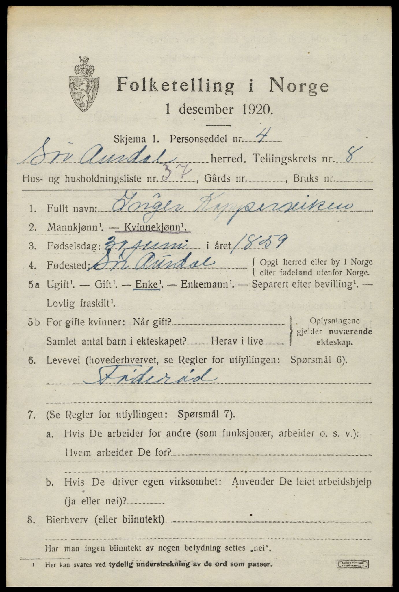 SAH, 1920 census for Sør-Aurdal, 1920, p. 5203