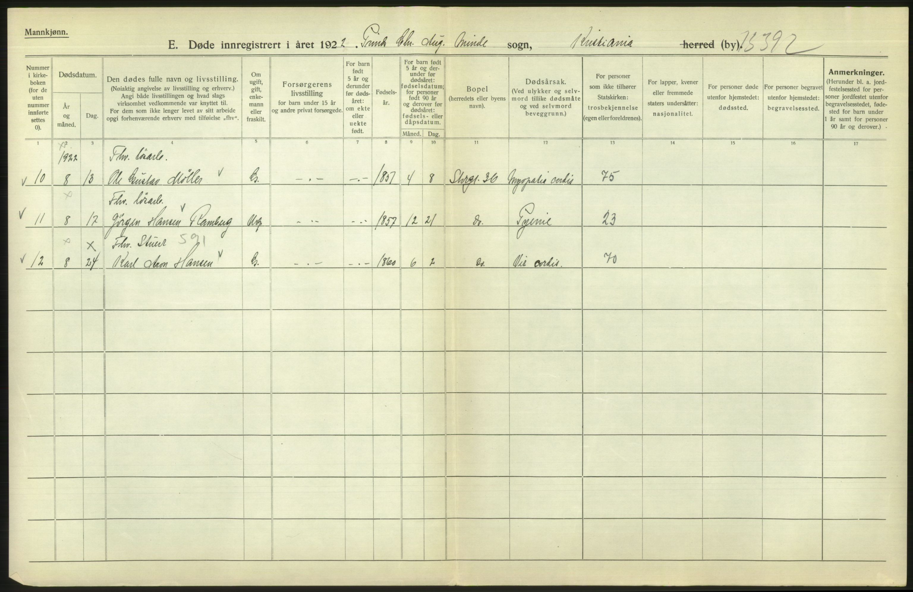 Statistisk sentralbyrå, Sosiodemografiske emner, Befolkning, AV/RA-S-2228/D/Df/Dfc/Dfcb/L0010: Kristiania: Døde, dødfødte, 1922, p. 692