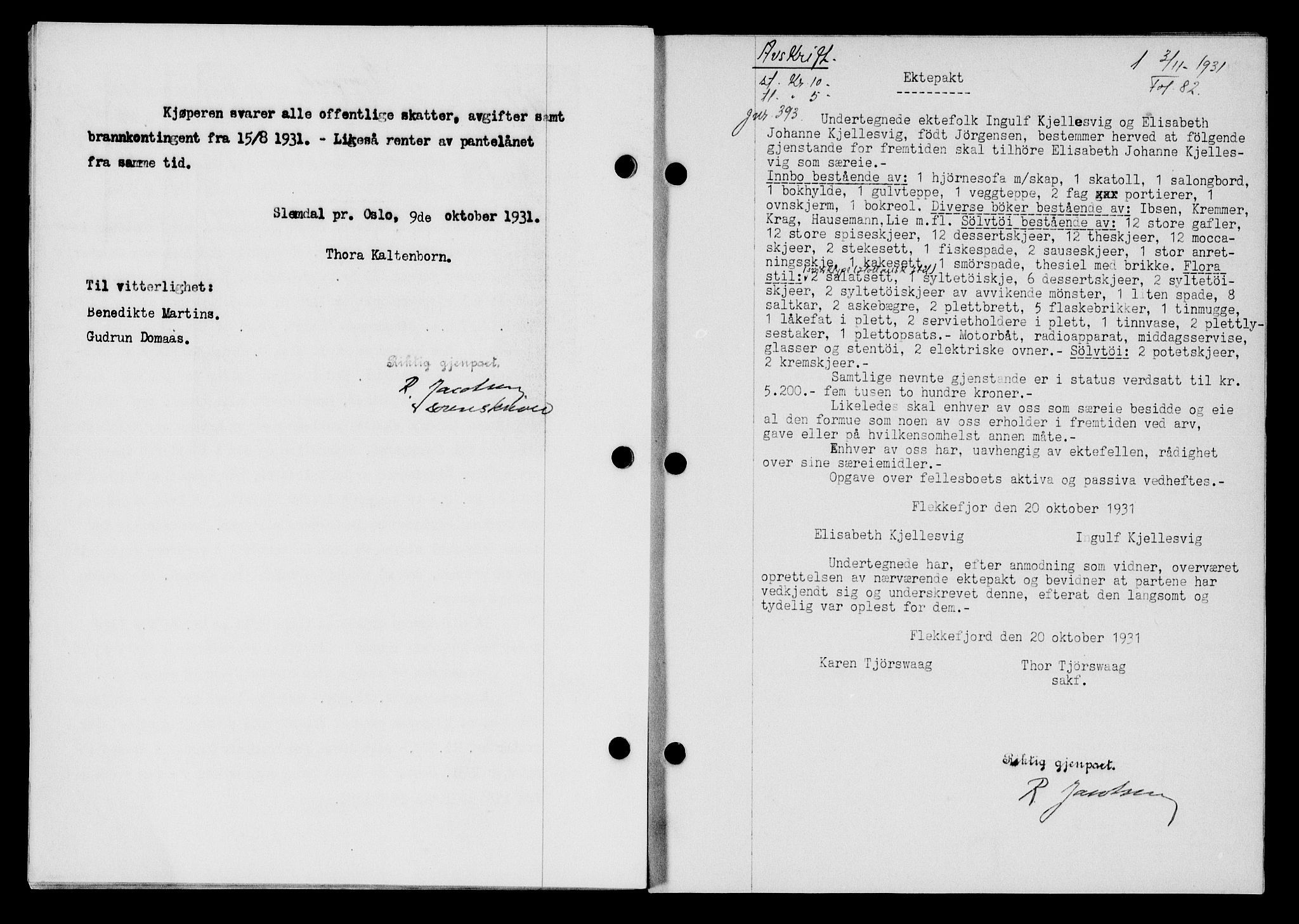 Flekkefjord sorenskriveri, SAK/1221-0001/G/Gb/Gba/L0047: Mortgage book no. 45, 1931-1932, Deed date: 03.11.1931