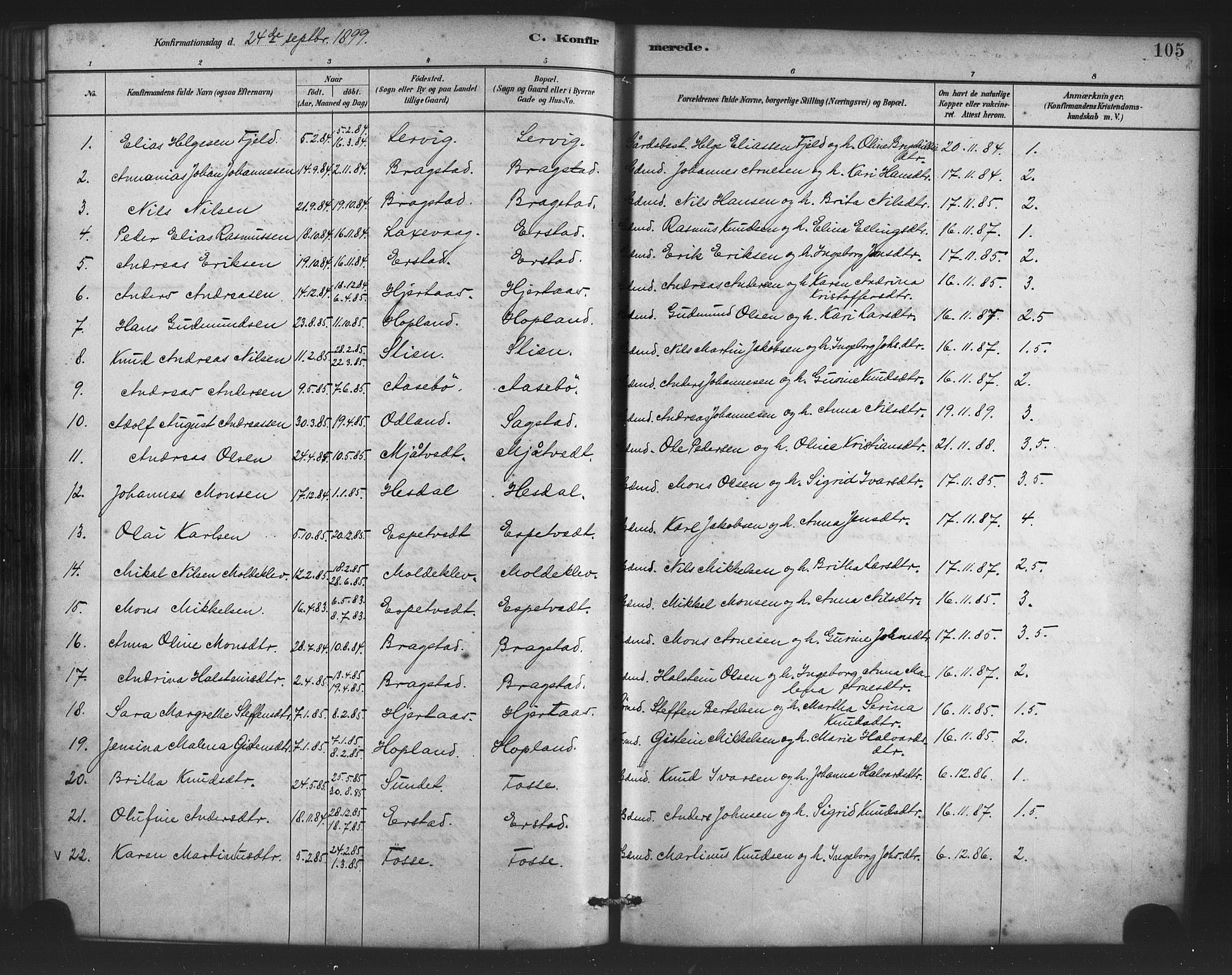 Alversund Sokneprestembete, AV/SAB-A-73901/H/Ha/Haa/Haac/L0001: Parish register (official) no. C 1, 1882-1900, p. 105