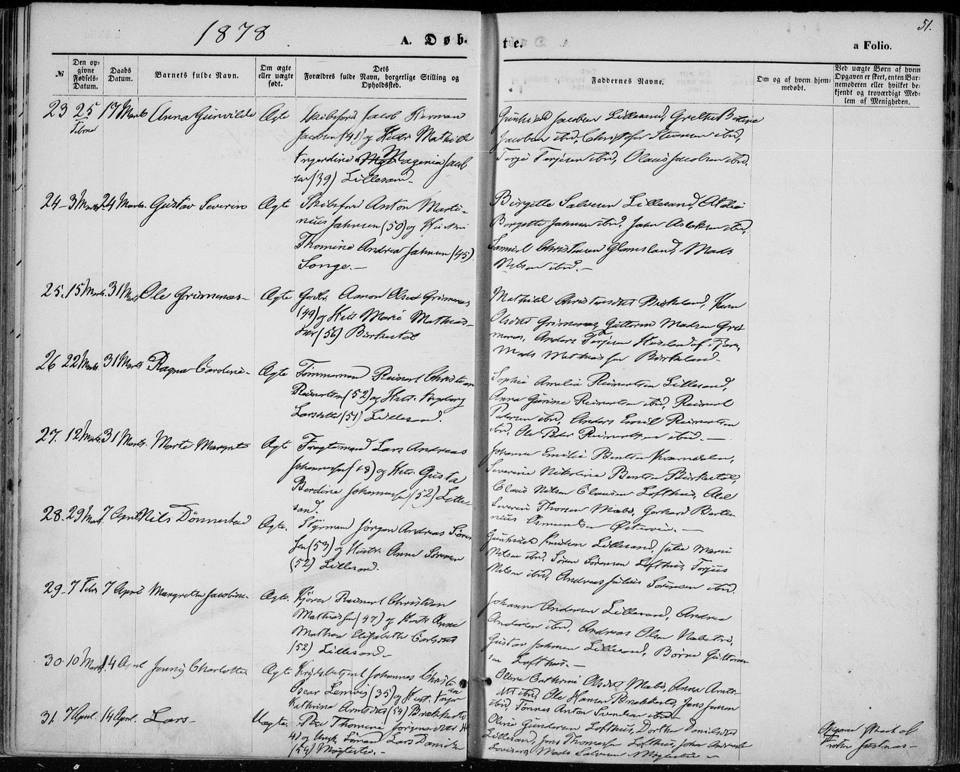 Vestre Moland sokneprestkontor, AV/SAK-1111-0046/F/Fa/Fab/L0008: Parish register (official) no. A 8, 1873-1883, p. 51