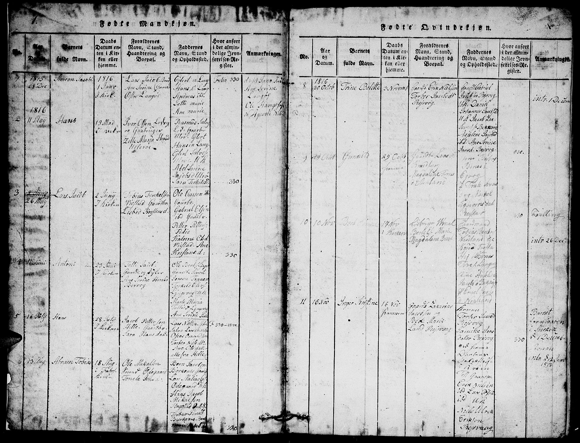 Herad sokneprestkontor, SAK/1111-0018/F/Fb/Fbb/L0001: Parish register (copy) no. B 1, 1815-1852, p. 1