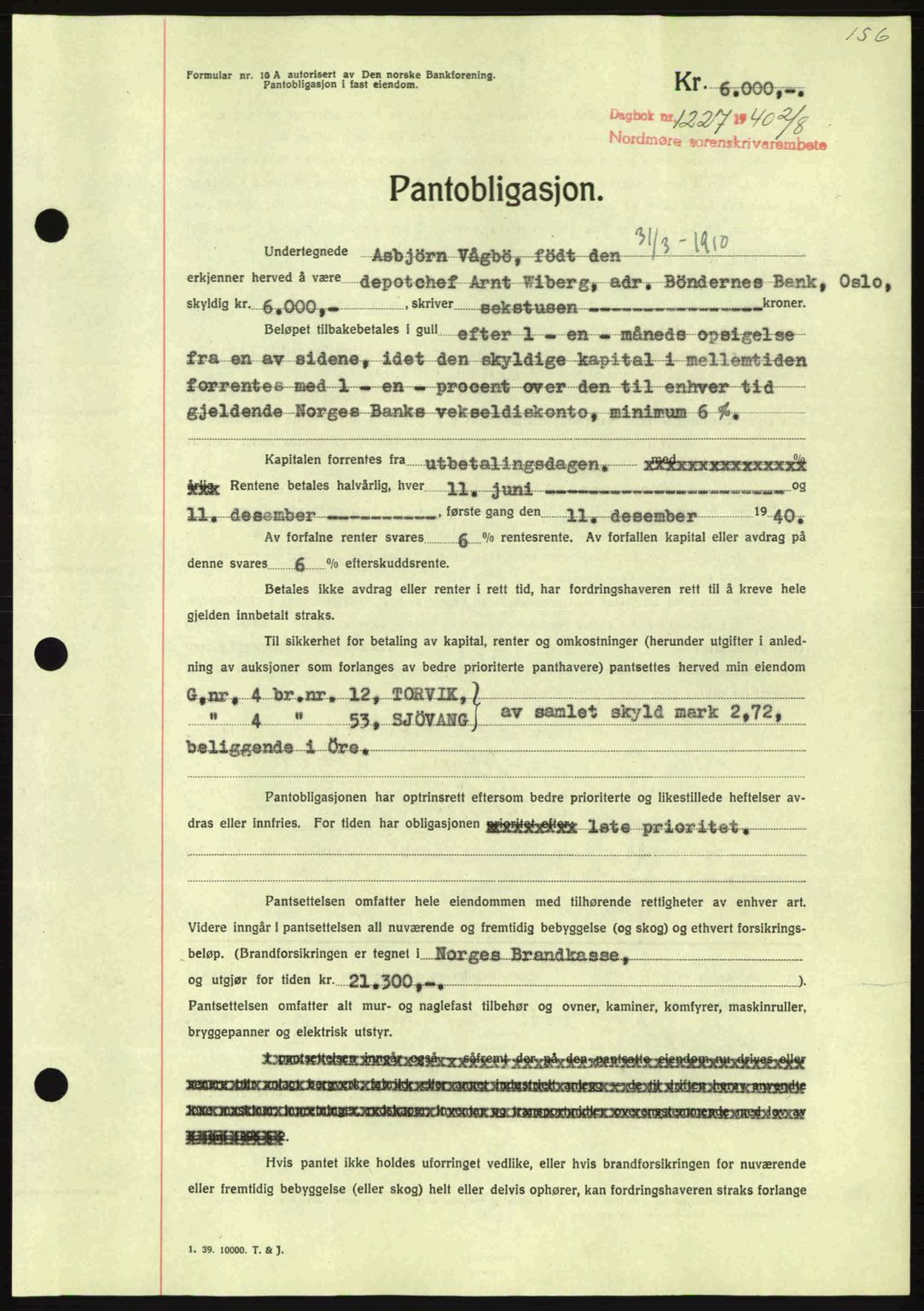 Nordmøre sorenskriveri, AV/SAT-A-4132/1/2/2Ca: Mortgage book no. B87, 1940-1941, Diary no: : 1227/1940