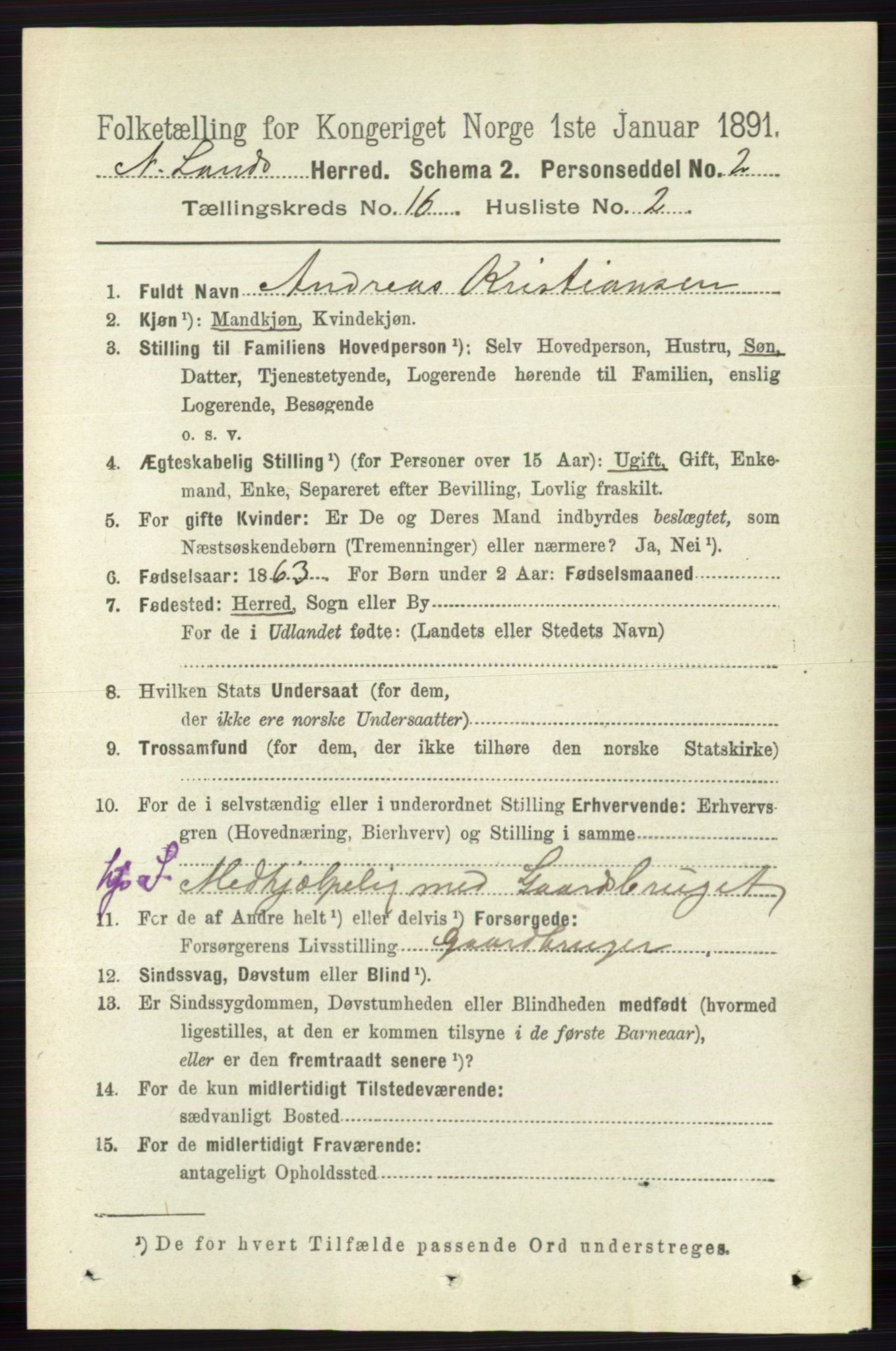 RA, 1891 census for 0538 Nordre Land, 1891, p. 4148