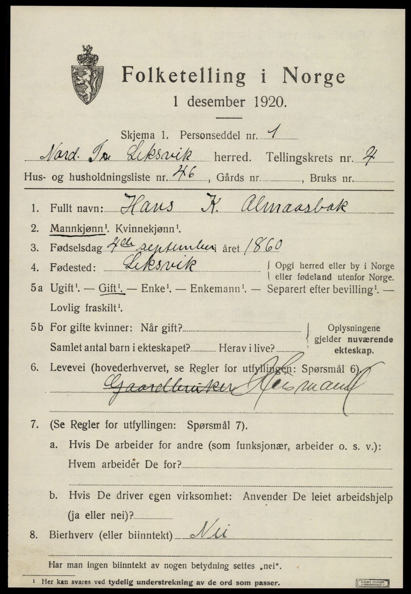 SAT, 1920 census for Leksvik, 1920, p. 4084