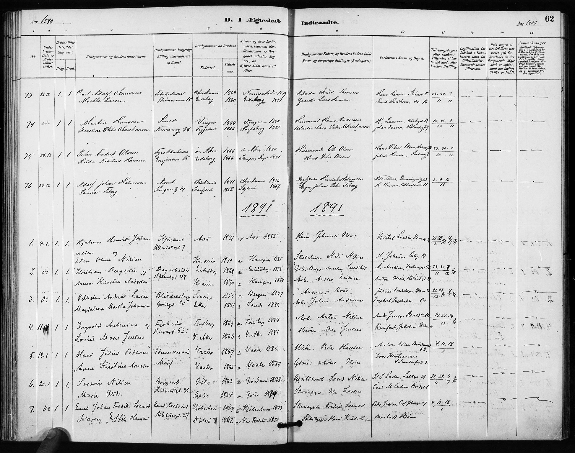 Kampen prestekontor Kirkebøker, SAO/A-10853/F/Fa/L0004: Parish register (official) no. I 4, 1885-1892, p. 62