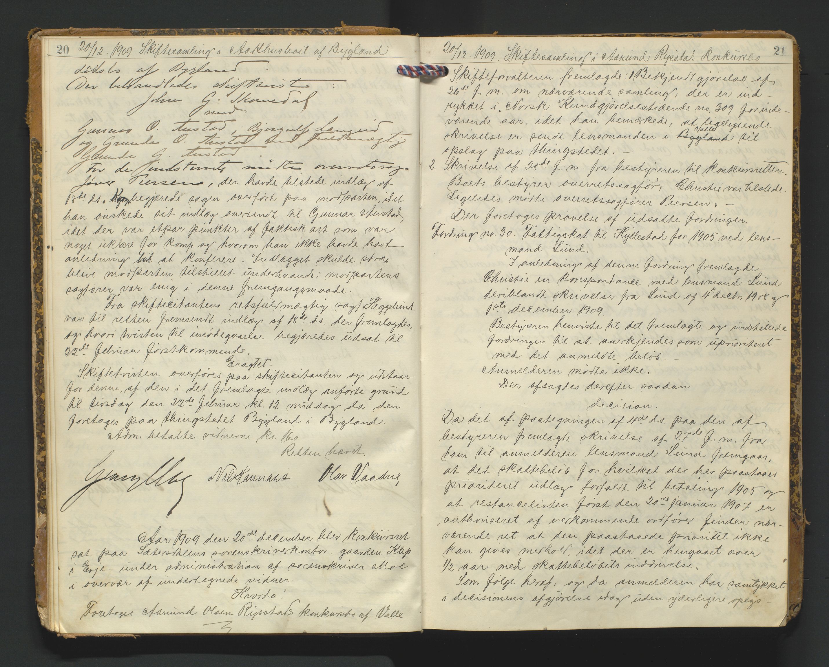 Setesdal sorenskriveri, AV/SAK-1221-0011/H/Hc/L0039: Skifteforhandlingsprotokoll nr 11, 1909-1920, p. 20-21