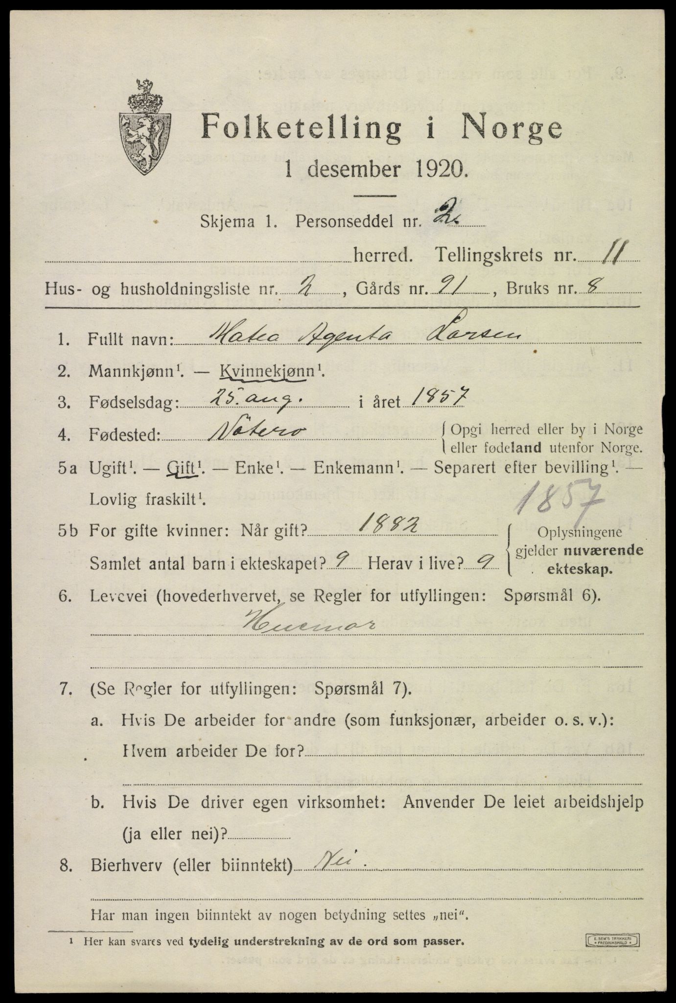 SAKO, 1920 census for Nøtterøy, 1920, p. 13581