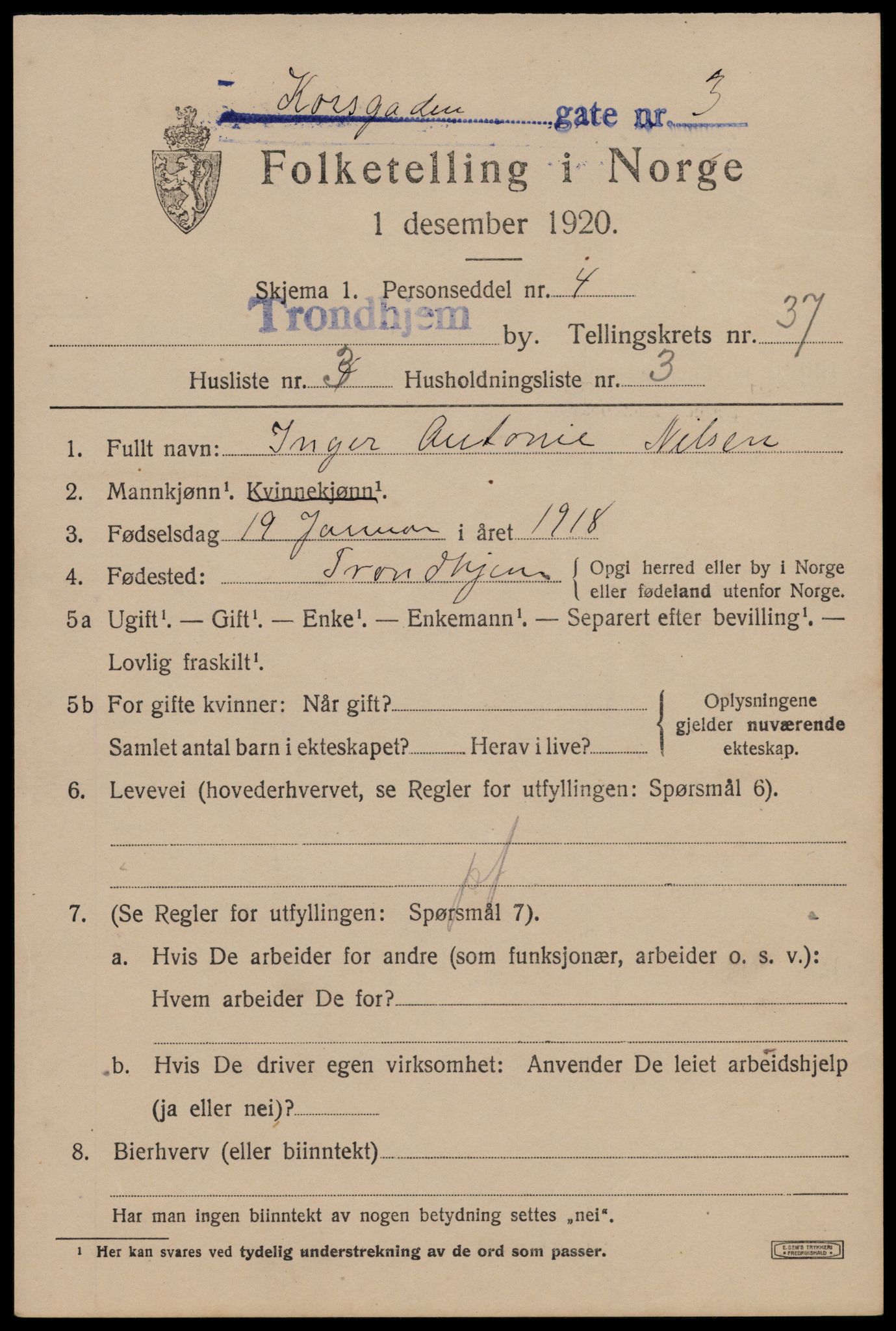 SAT, 1920 census for Trondheim, 1920, p. 84586