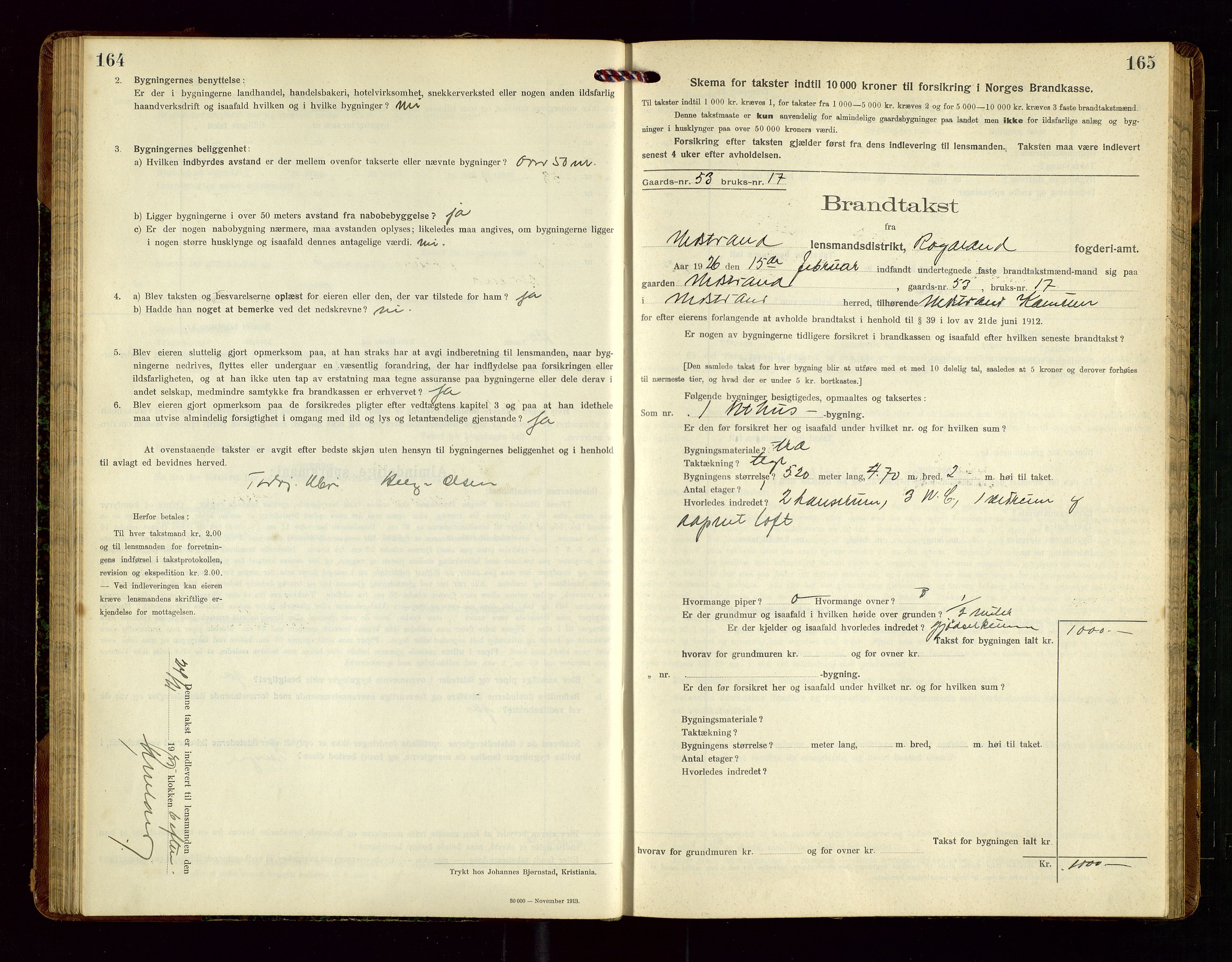 Nedstrand lensmannskontor, SAST/A-100236/Gob/L0002: "Brandtakstprotokol for Nerstrand lensmandsdistrikt Rogaland Fylke", 1916-1949, p. 164-165
