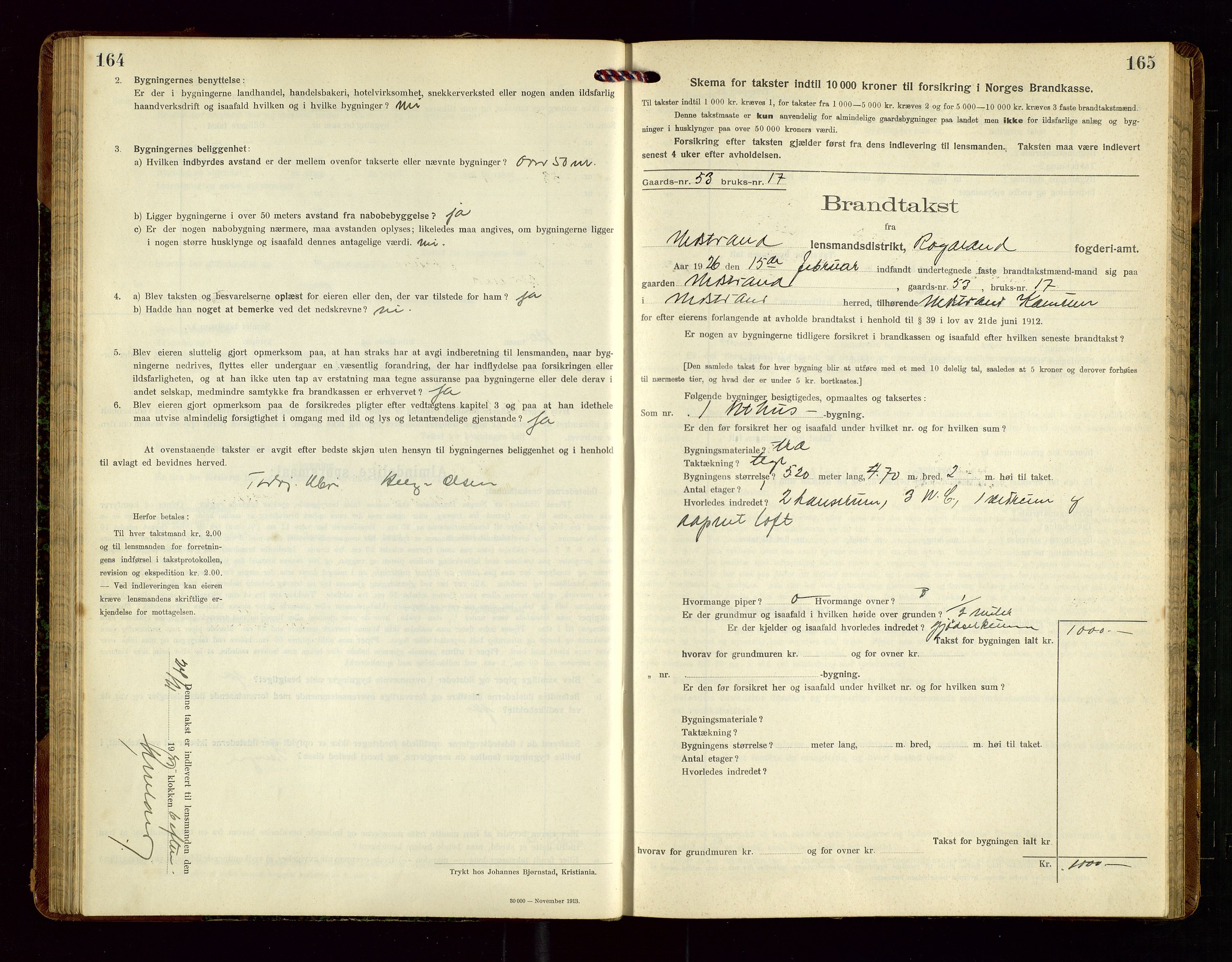 Nedstrand lensmannskontor, AV/SAST-A-100236/Gob/L0002: "Brandtakstprotokol for Nerstrand lensmandsdistrikt Rogaland Fylke", 1916-1949, p. 164-165