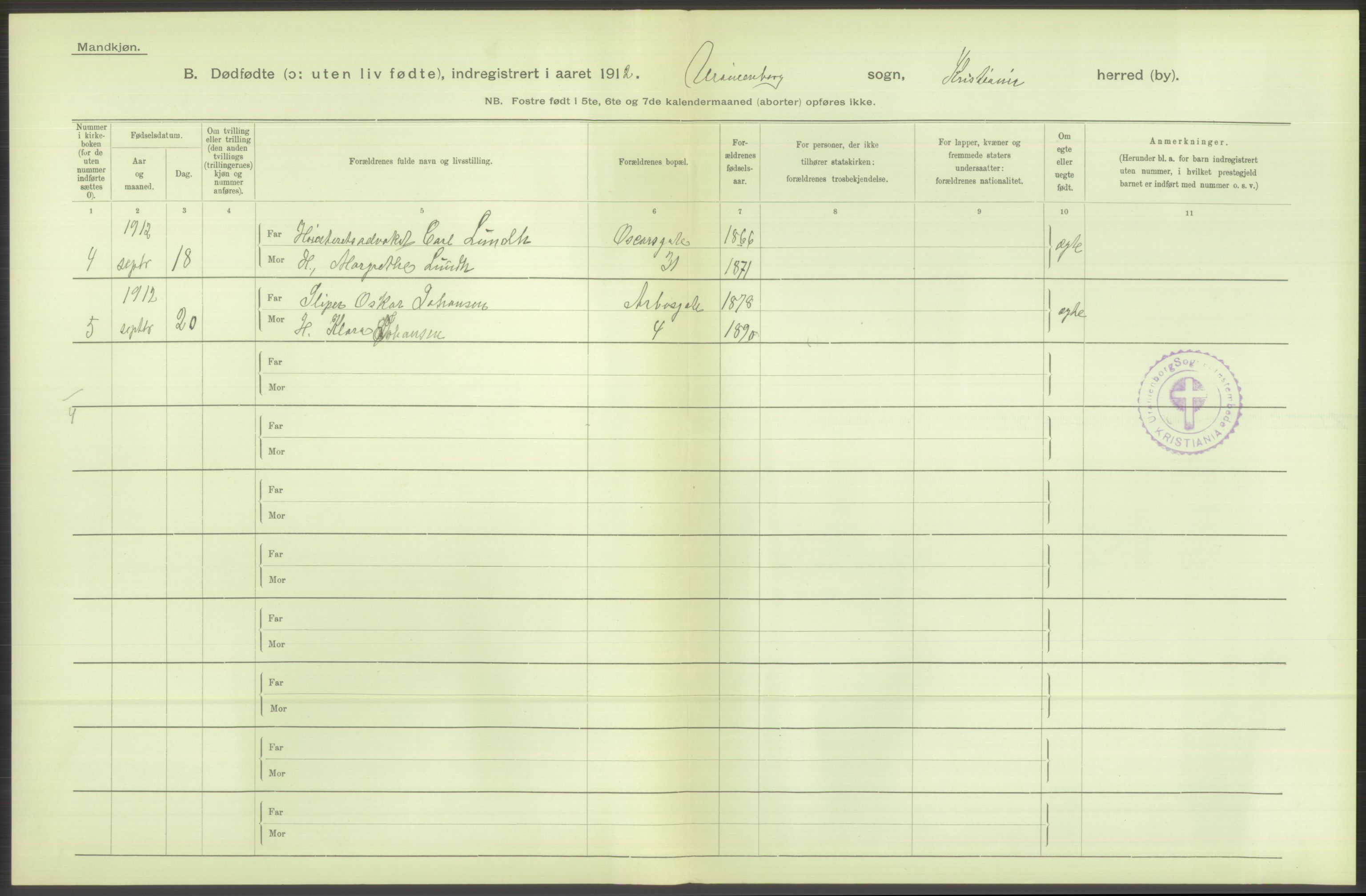 Statistisk sentralbyrå, Sosiodemografiske emner, Befolkning, AV/RA-S-2228/D/Df/Dfb/Dfbb/L0010: Kristiania: Døde, dødfødte, 1912, p. 496