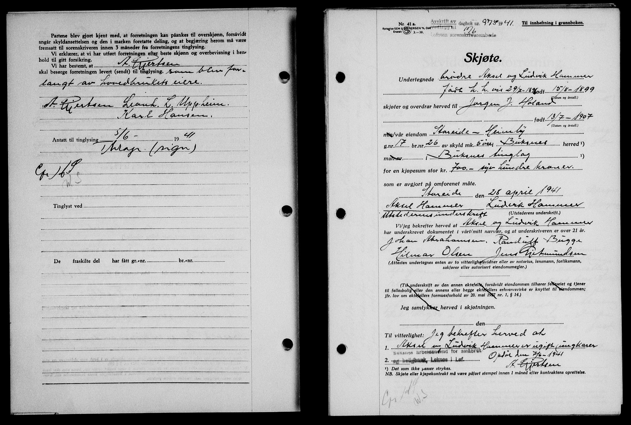 Lofoten sorenskriveri, SAT/A-0017/1/2/2C/L0008a: Mortgage book no. 8a, 1940-1941, Diary no: : 975/1941