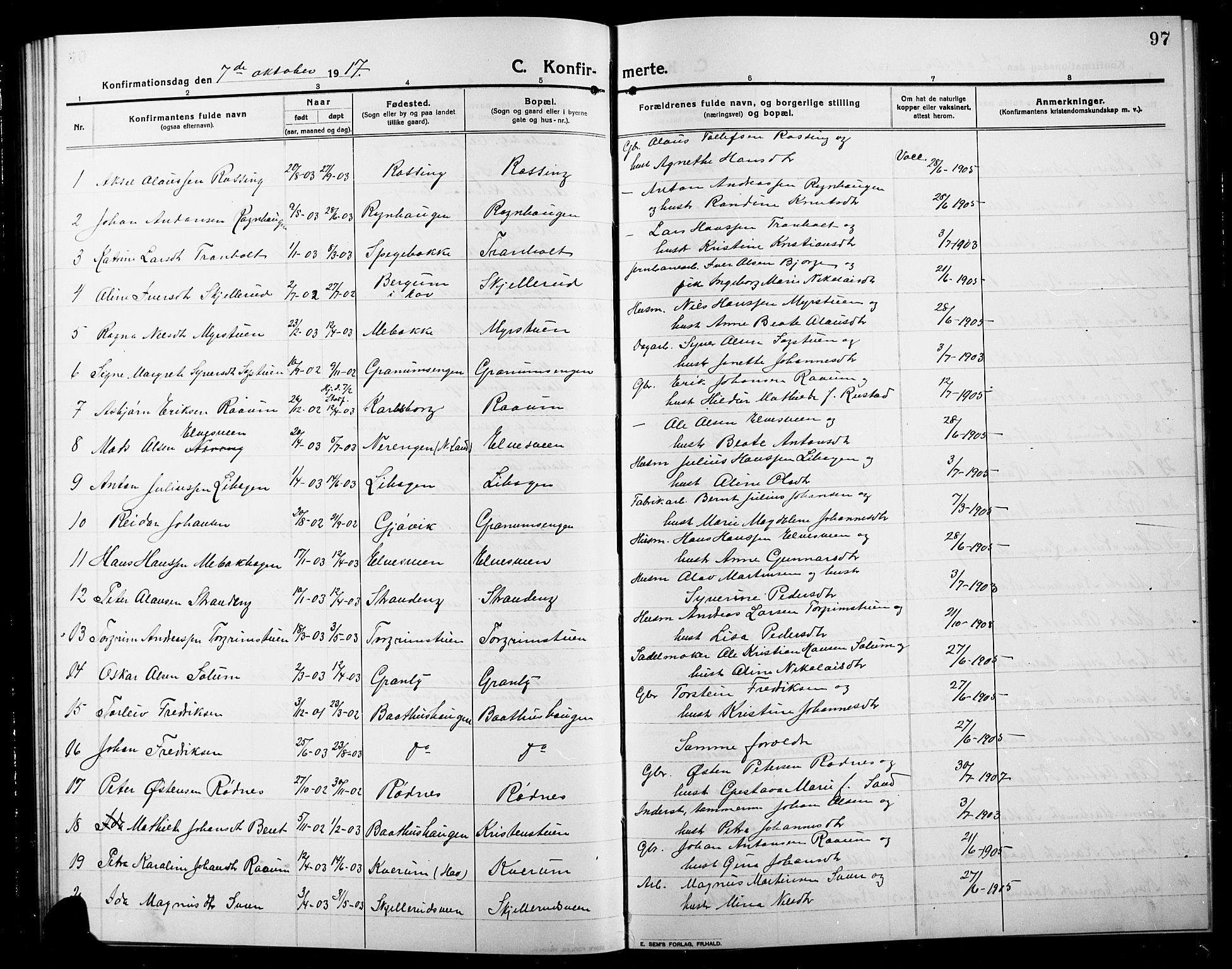 Søndre Land prestekontor, SAH/PREST-122/L/L0006: Parish register (copy) no. 6, 1912-1925, p. 97