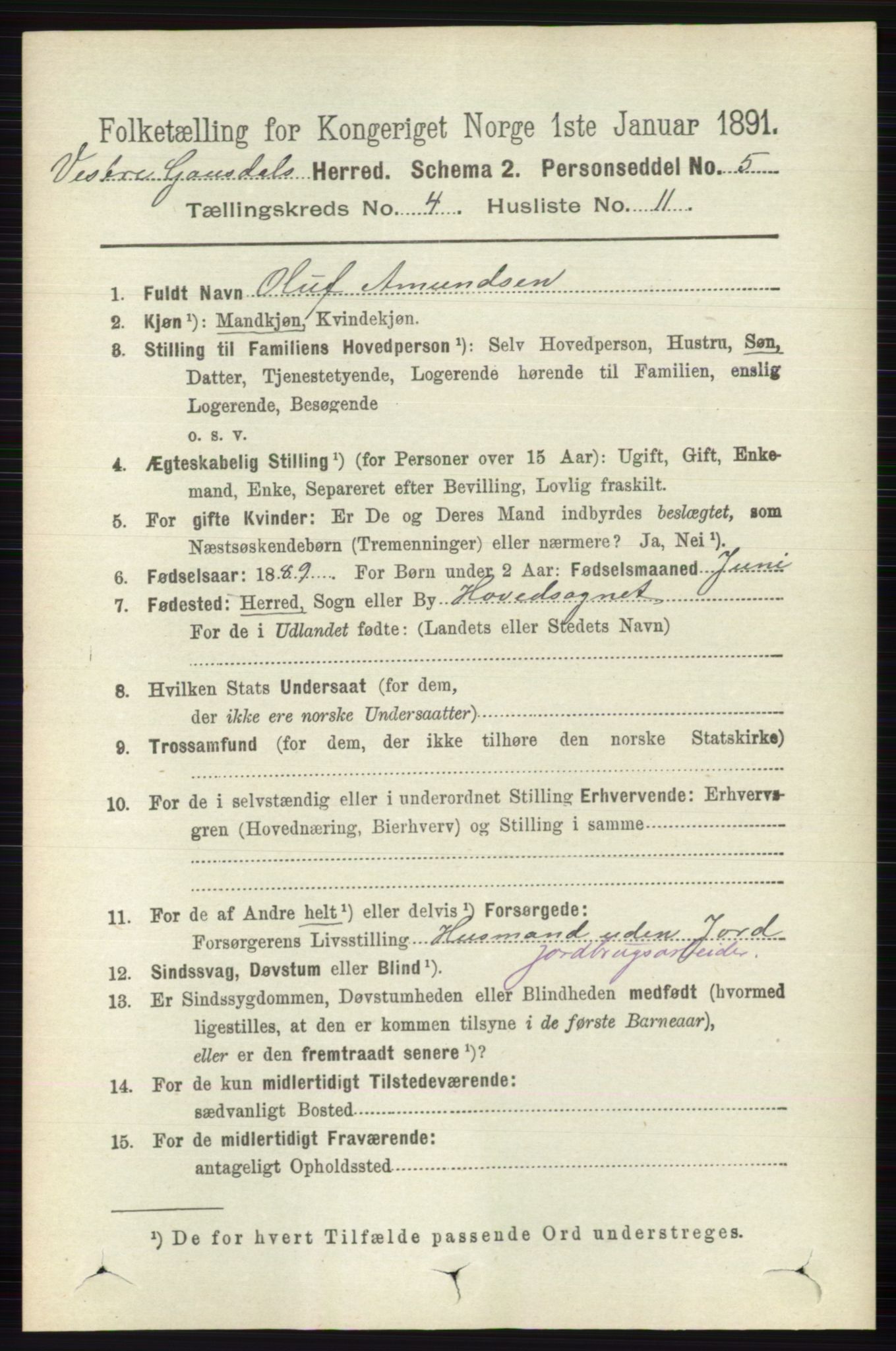RA, 1891 census for 0523 Vestre Gausdal, 1891, p. 1770
